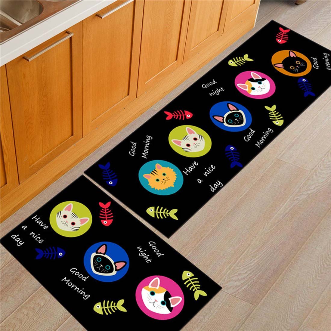 Non-Slip Kitchen Mats and Rugs - Cute Kitten Cat and Fish Design Indoor Floor Mat, Low Profile Absorbent Runner for Home, Bathroom, Bedroom - Perfect for Kitchen Safety, Bathroom Comfort, and Bedroom Decor