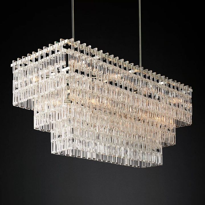 Arrebol 3-Tier Rectangular Chandelier - 60 Inch Modern Crystal Pendant Light Fixture for Dining Room, Living Room & Bedroom Lighting