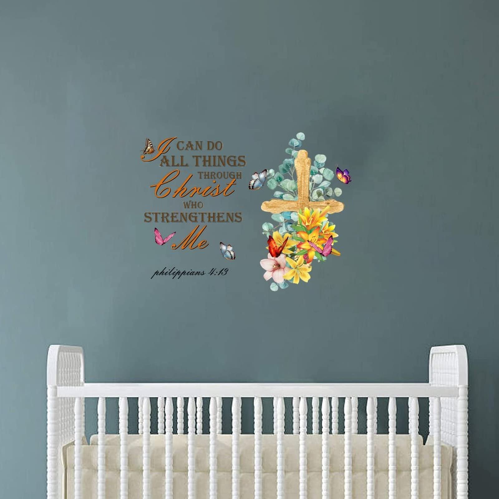 Custom Inspirational Wall Decal - 'I Can Do All Things Through Christ' Bible Verse with Lily Flower & Cross Design - 22 Inch Religious Wall Stickers for Bedroom, Living Room, Office - Perfect for Christian Home Decor & Gift Giving