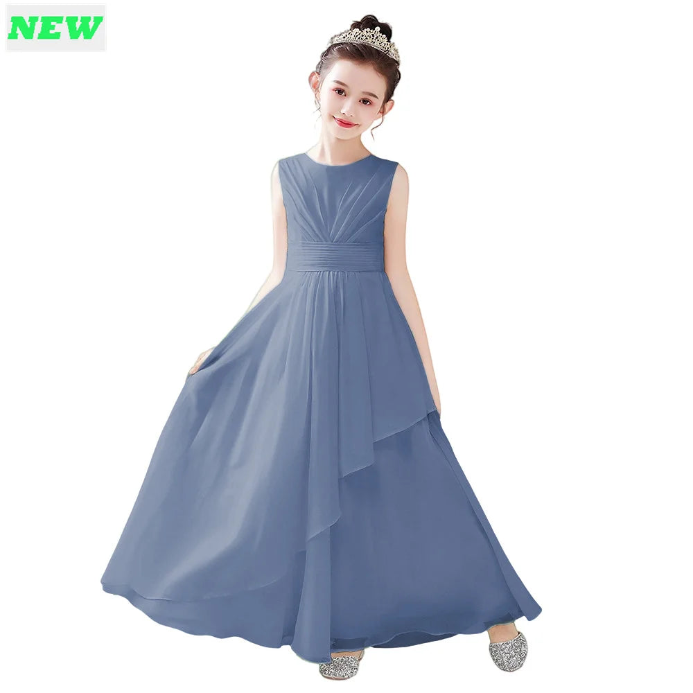Elegant Purple Chiffon Flower Girl Dress - Sleeveless Pleated Wedding Party Gown for Kids | Perfect for Bridal Showers, First Communion & Special Occasions