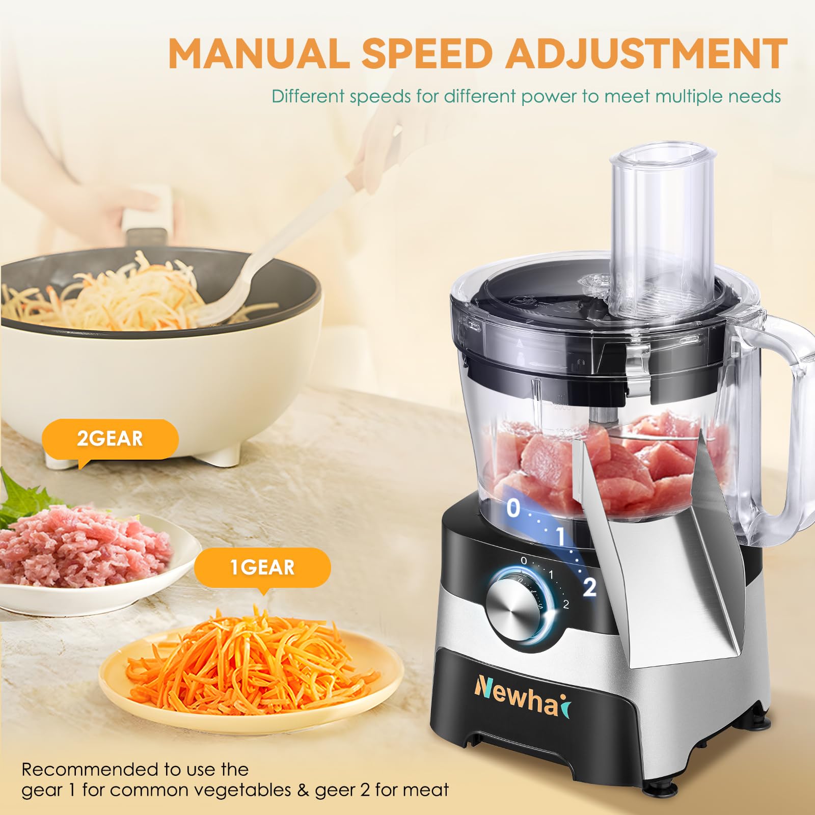 Newhai 5-in-1 Electric Food Processor - 600W Commercial Vegetable Dicer, Slicer, Shredder, Spring Onion Cutter & Meat Grinder with 4 Stainless Steel Blades (110V) - Perfect for Restaurants, Catering & Home Kitchen Meal Prep