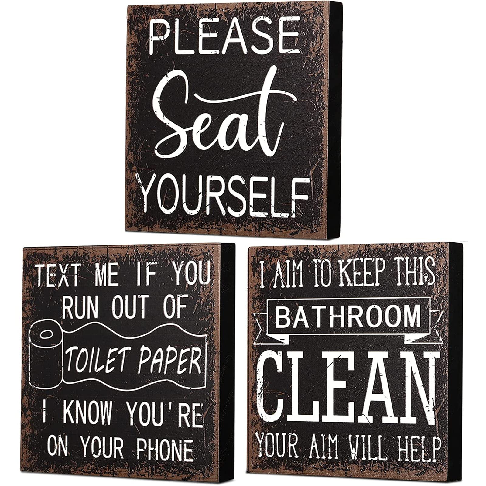 Yulejo 3-Piece Funny Bathroom Signs Set - Rustic Farmhouse Restroom Decor, Black & White Wooden Wall Art Shelf with Vintage Toilet Decorations - Perfect for Home, Cabin, or Office Bathroom Decor (Vivid Style)