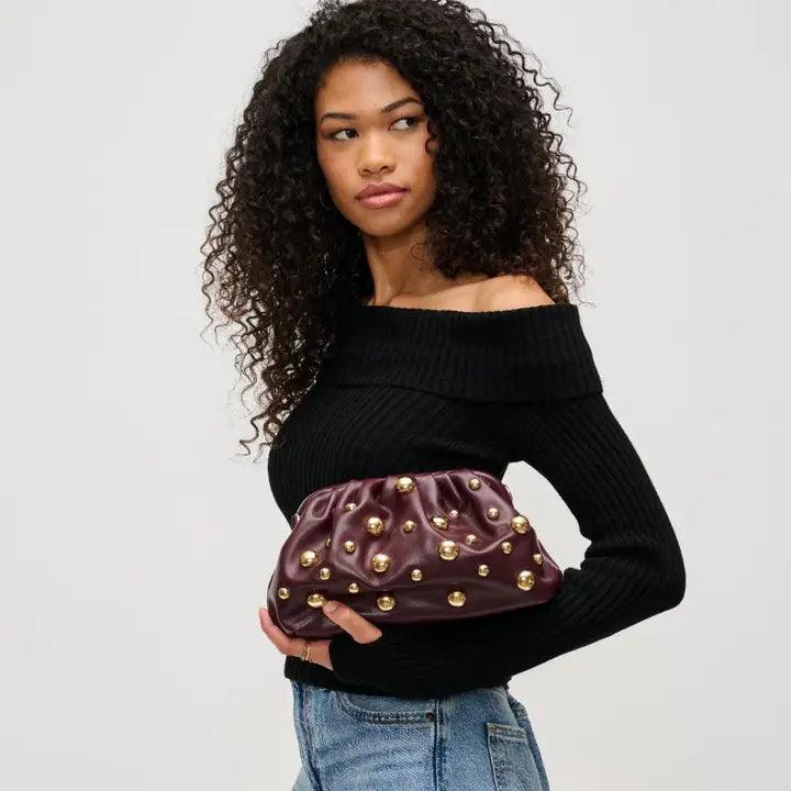 Stylish Carey Studded Clutch Purse for Women - Elegant Wine Red Evening Bag - Perfect for Parties, Weddings & Special Occasions