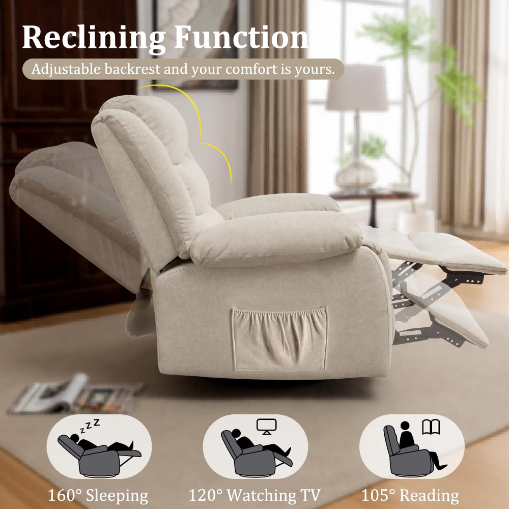 Premium Recliner Rocking Chair with Massage & Heat - 360° Swivel Oversized Adult Rocker, Soft Cashmere Upholstery, Beige Living Room Reclining Sofa - Perfect for Nursery, Home Theater & Relaxation Spaces