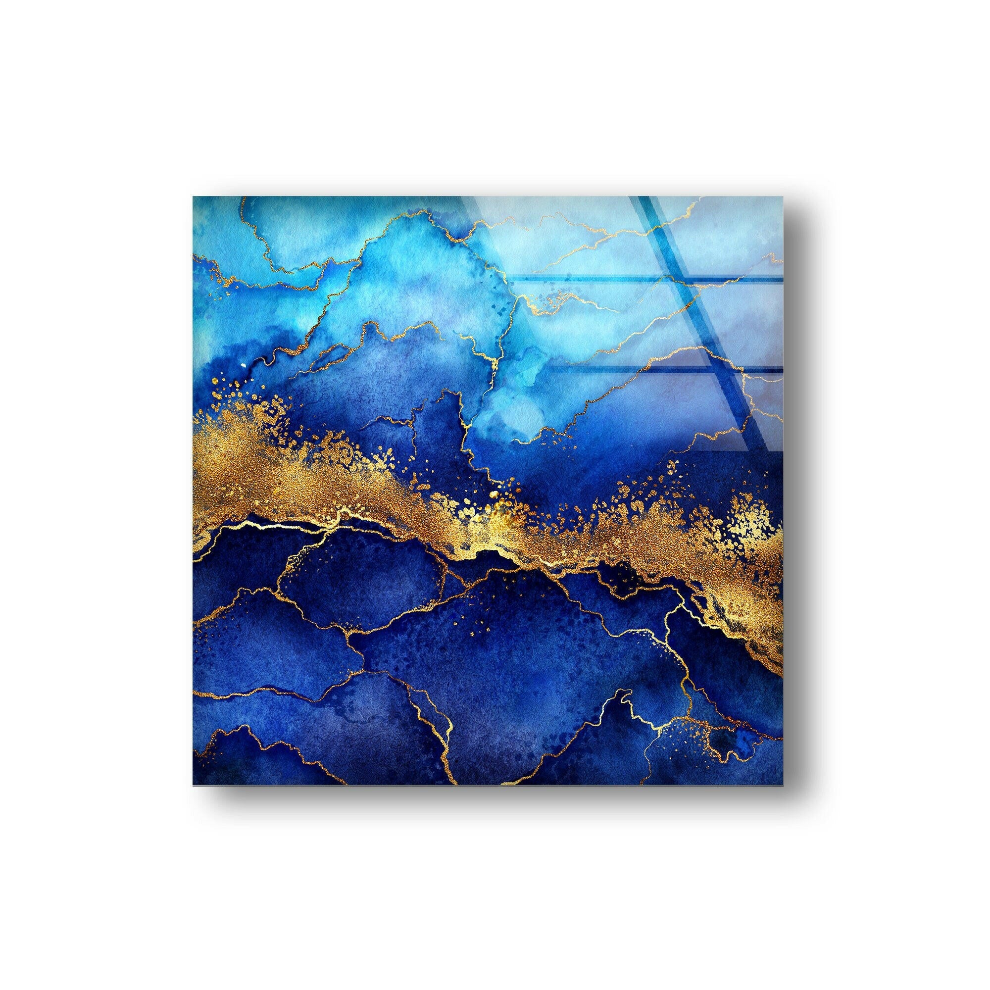Blue and Gold Abstract Glass Wall Art - Modern Home Decor for Living Room, Bedroom & Office