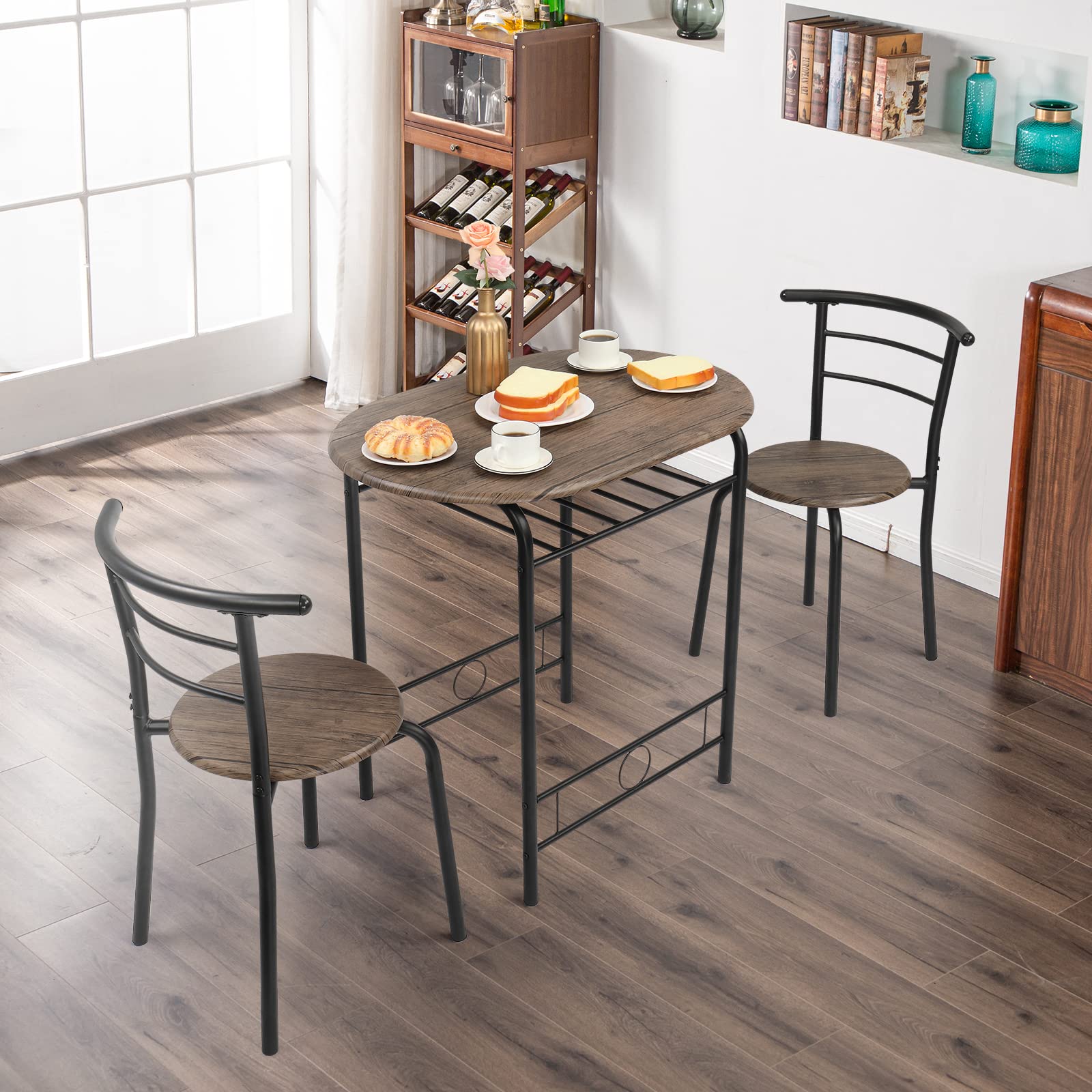 VINGLI 3-Piece Small Kitchen Dining Set for 2 - Wooden Table & 2 Chairs with Metal Frame & Wine Rack - Perfect for Breakfast Nook, Small Spaces, Apartments & Rustic Decor