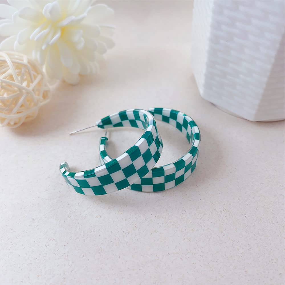 Colorful Chunky Acrylic Checkered Hoop Earrings for Women - Y2K Tortoise Shell Plaid C-Shaped Resin Earrings - Perfect for Parties, Festivals & Retro Fashion