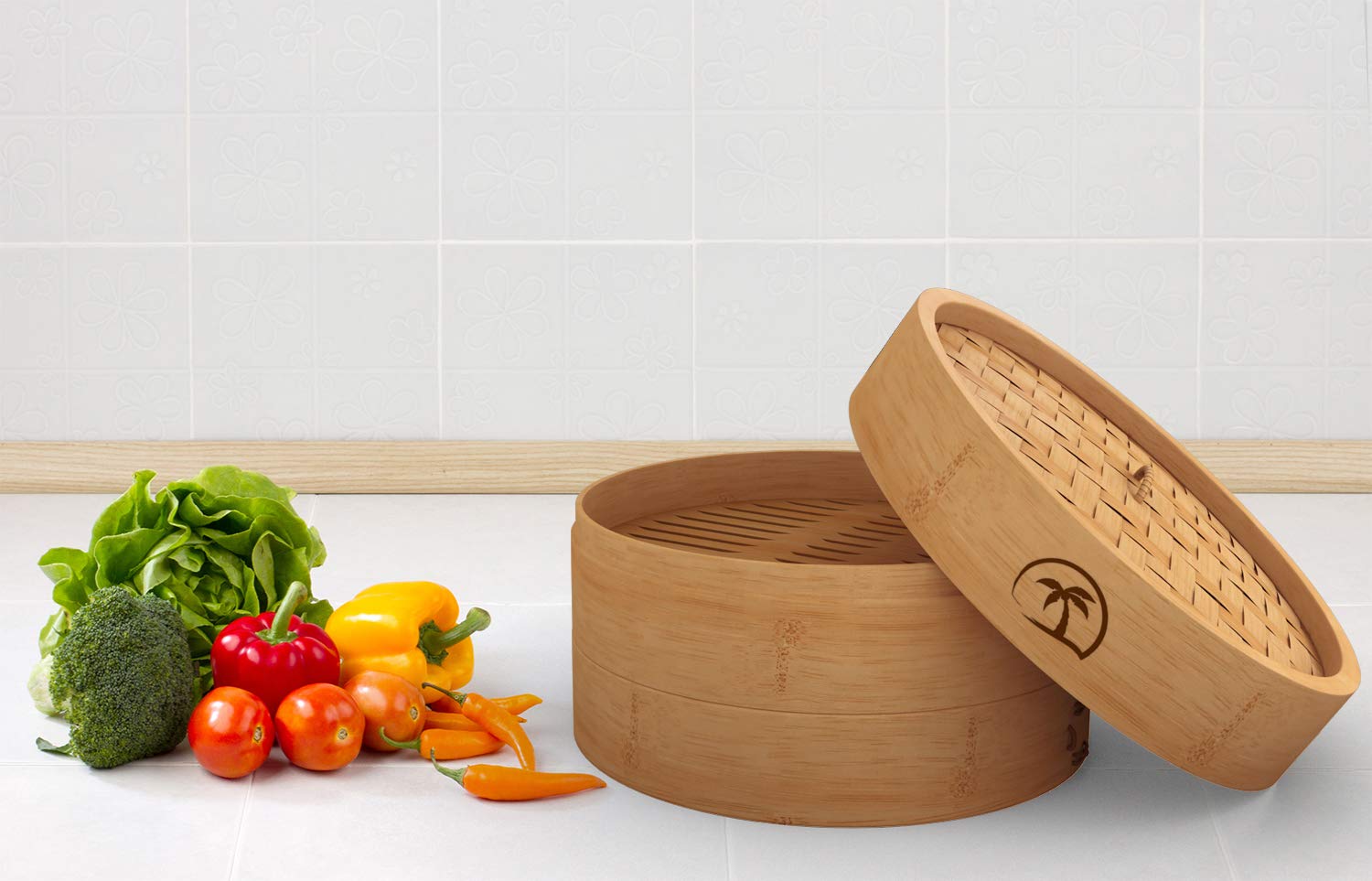 Premium 2-Tier 10-inch Bamboo Steamer Basket Set with Lid - 3-Piece Dumpling Steamer, 2 Chopsticks & 50 Perforated Liners | Perfect for Asian Cooking, Dim Sum, Dumplings, Rice & Vegetables | Microwave & Dishwasher Safe