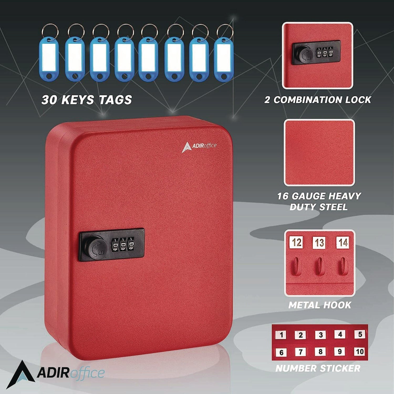 AdirOffice Heavy Duty Steel Key Cabinet with Combination Lock - 30 Key Capacity, 6.4