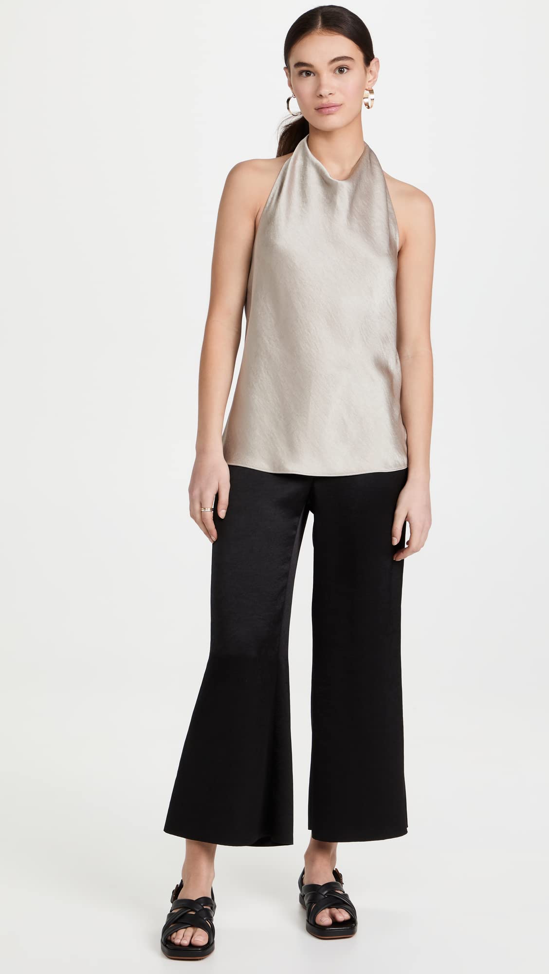Vince Women's Satin Wide Leg Flare Pants - Elegant High Waist Palazzo Trousers for Work, Office & Evening Outfits