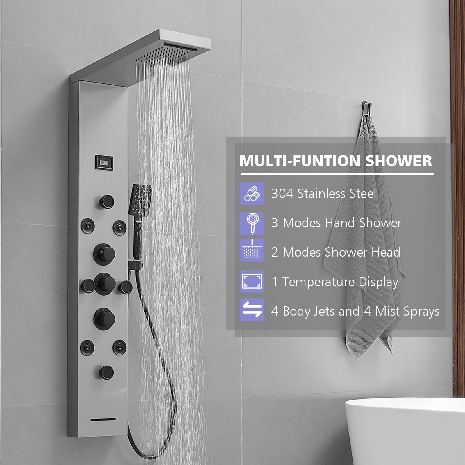 BWE 6-in-1 Stainless Steel Shower Panel Tower System with Body Jets, Rainfall & Waterfall Shower Head, Brushed Nickel Finish, Temperature Display & Tub Spout - Perfect for Luxury Bathroom Renovation & Spa-like Shower Experience