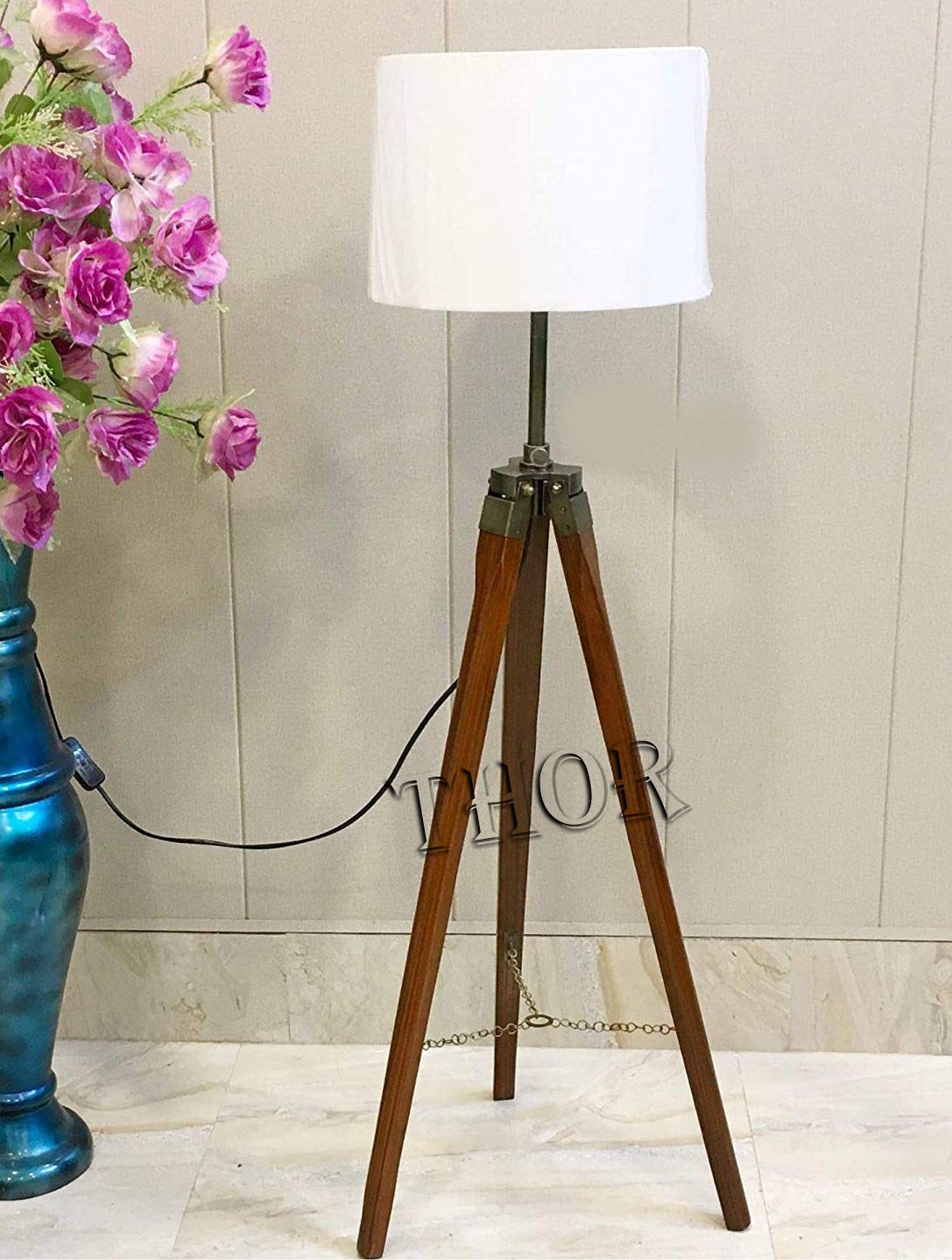 Vintage Wooden Tripod Floor Lamp - Antique Classical Marine Style Rustic Home Decor, Perfect for Living Room, Bedroom, or Office Lighting (Lamp Shade Not Included)