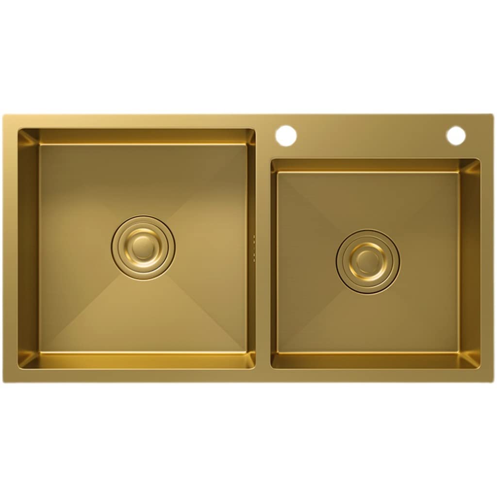Premium QHYTL 304 Stainless Steel Double Bowl Kitchen Sink - Gold Finish, Drop-in/Undermount RV Sink with Drain Assembly - Perfect for RV, Camper, Tiny Homes & Small Kitchen Remodels