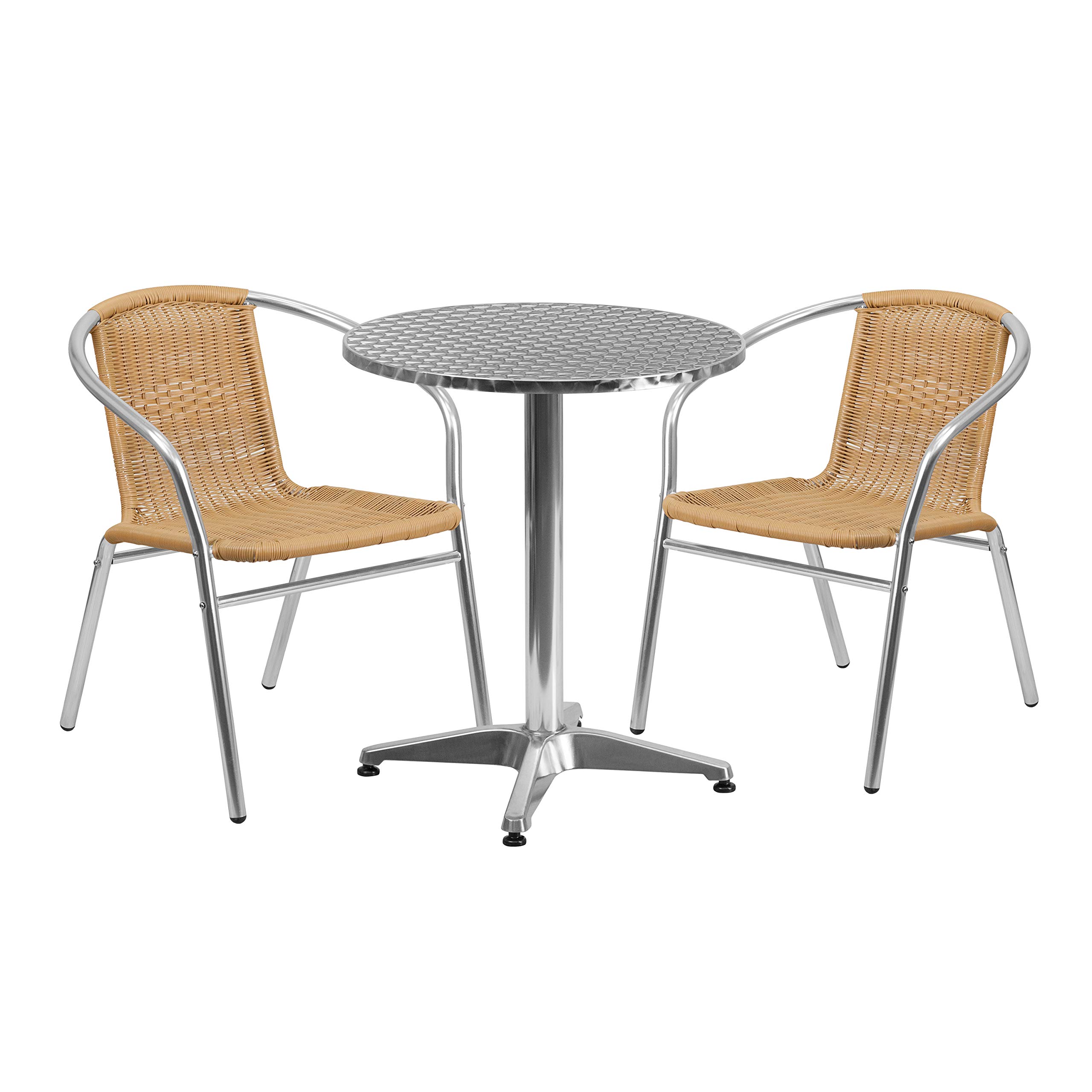 EMMA + OLIVER 23.5 Inch Round Aluminum Outdoor Dining Table Set with 2 Beige Rattan Chairs - Perfect for Patio, Garden, and Backyard Relaxation