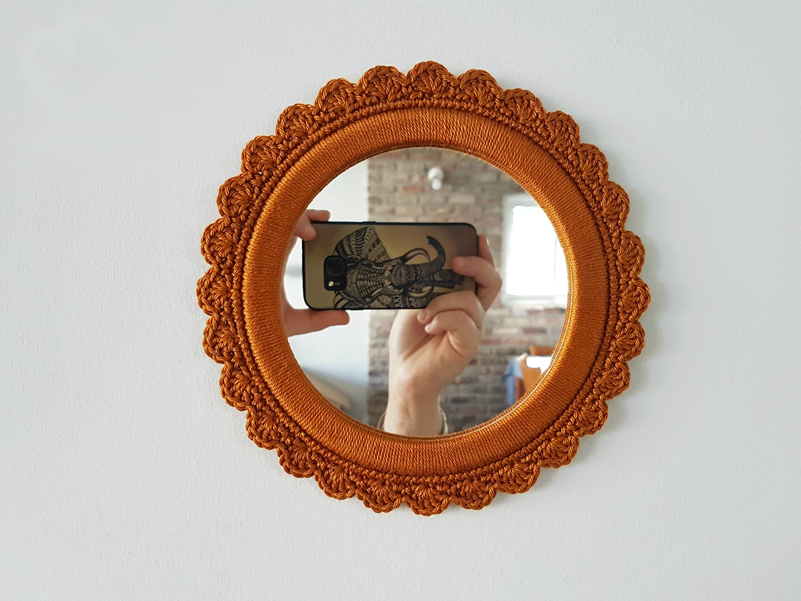 Handmade Crochet Round Mirror - Small Burnt Orange Decorative Wall Mirror for Boho Home Decor & Bedroom Aesthetic