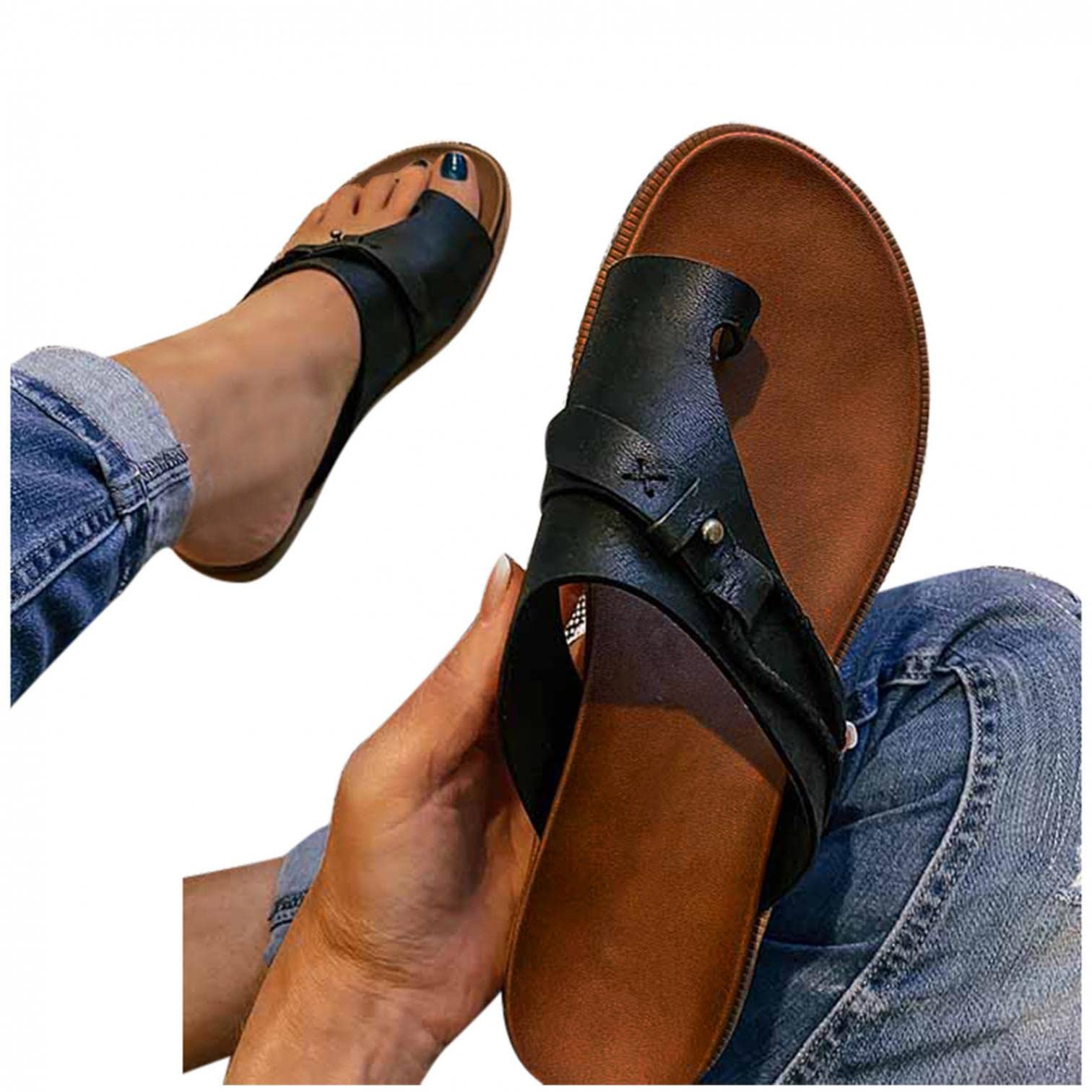 NOLDARES Women's Leather Sandals with Arch Support - Comfortable Ring Toe Slip-On Slippers for Walking, Travel & Summer Outfits