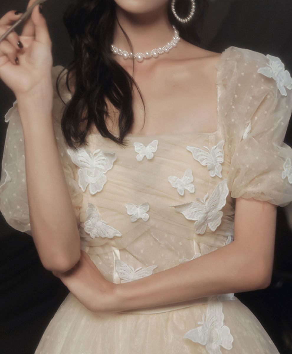 Elegant Light Champagne Tulle Long Prom Dress & Evening Gown for Formal Events, Weddings, and Special Occasions