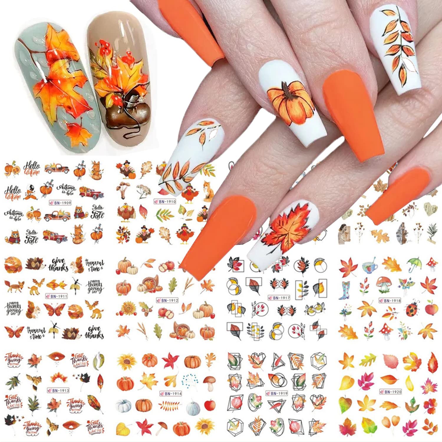 Autumn Maple Leaf Nail Stickers - 12PCS Fall Nail Art Water Decals with Pumpkins & Turkey Designs for Thanksgiving | DIY Manicure Supplies for Women | Perfect for Holiday Parties, Home Manicures & Seasonal Nail Decor