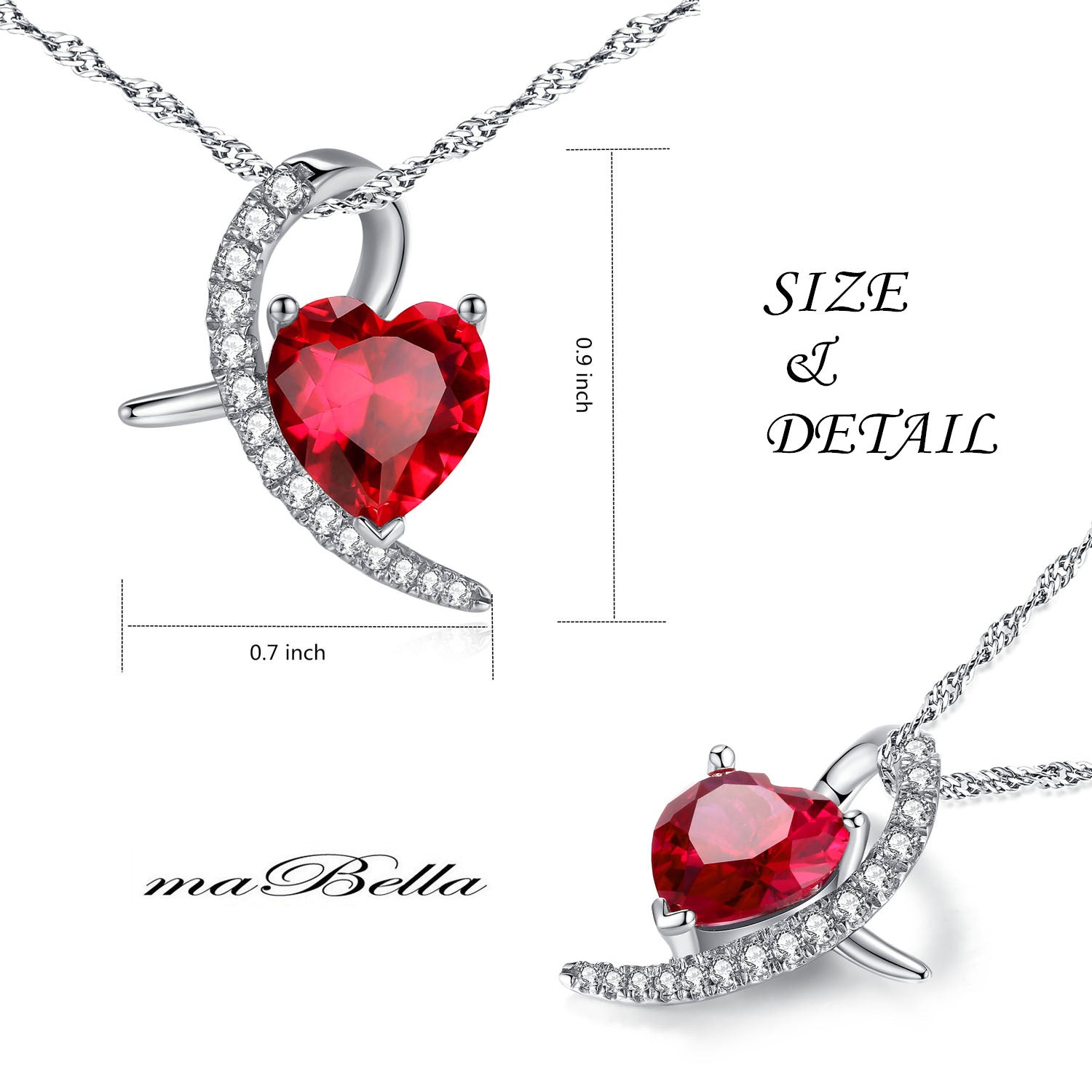 MABELLA 925 Sterling Silver Simulated Ruby Heart Pendant Necklace for Women - Elegant Valentine's Day Gift, Anniversary Present & Birthday Jewelry - Perfect for Romantic Dates, Special Occasions and Everyday Wear