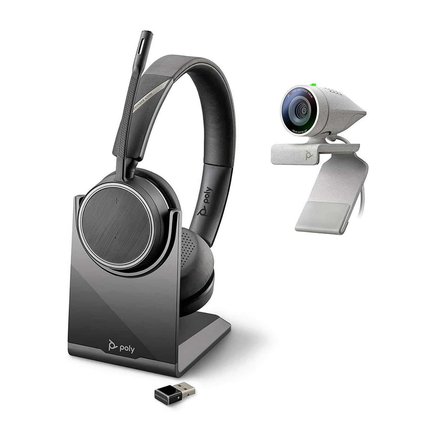 Poly Studio P5 Kit with Voyager 4220 UC Headset - 1080p HD Video Conference Camera & Wireless Stereo Headset - Professional Webcam for Zoom, Microsoft Teams, Webex - Perfect for Home Office & Remote Work Meetings