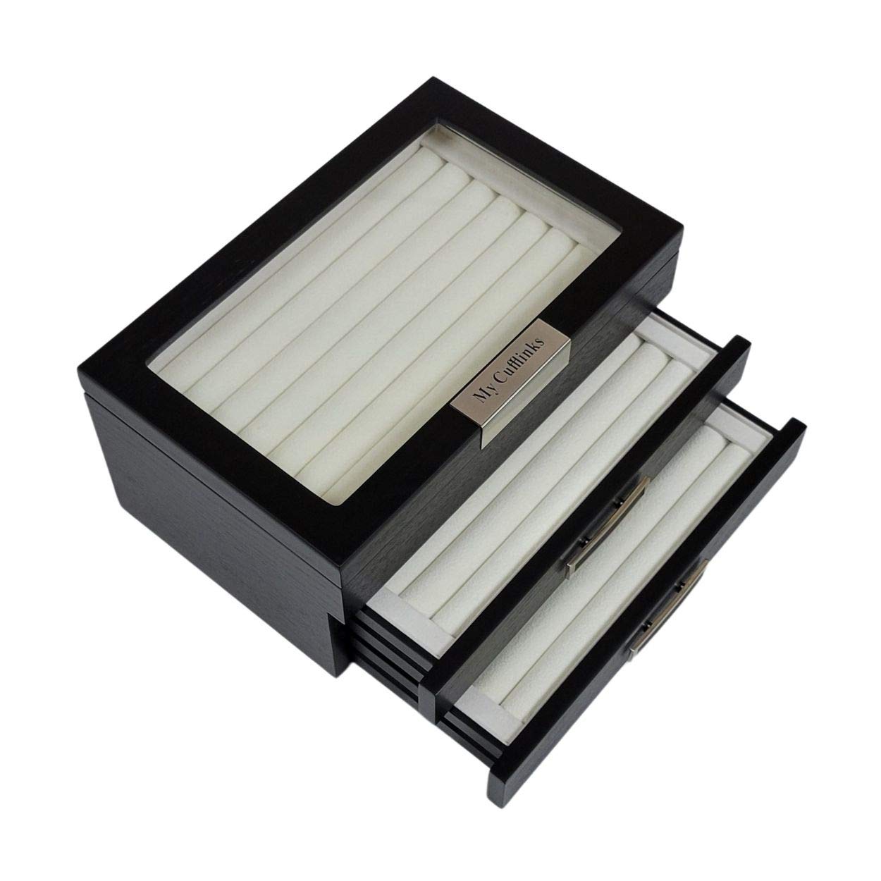 Personalized Black Ebony Wood Cufflink Case & Ring Storage Organizer - Stainless Steel Engravable Jewelry Box for Men - Holds 108 Cufflinks - Perfect Gift for Weddings, Anniversaries & Formal Events