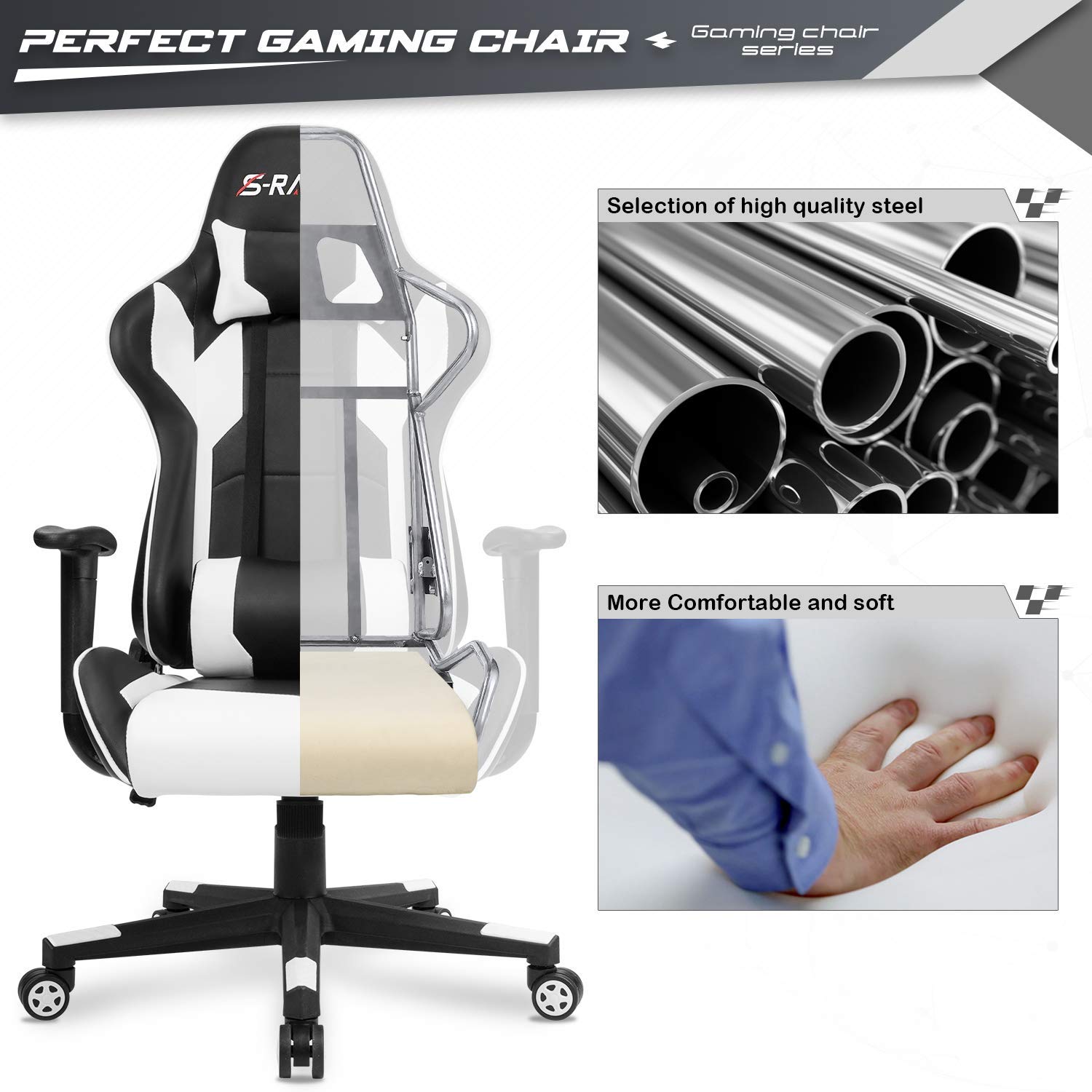 Furniwell Ergonomic Gaming Chair - High Back PU Leather Office Chair with Adjustable Headrest & Lumbar Support, Swivel Computer Desk Chair for Home & Office Use (White) - Perfect for Gaming, Working & Studying