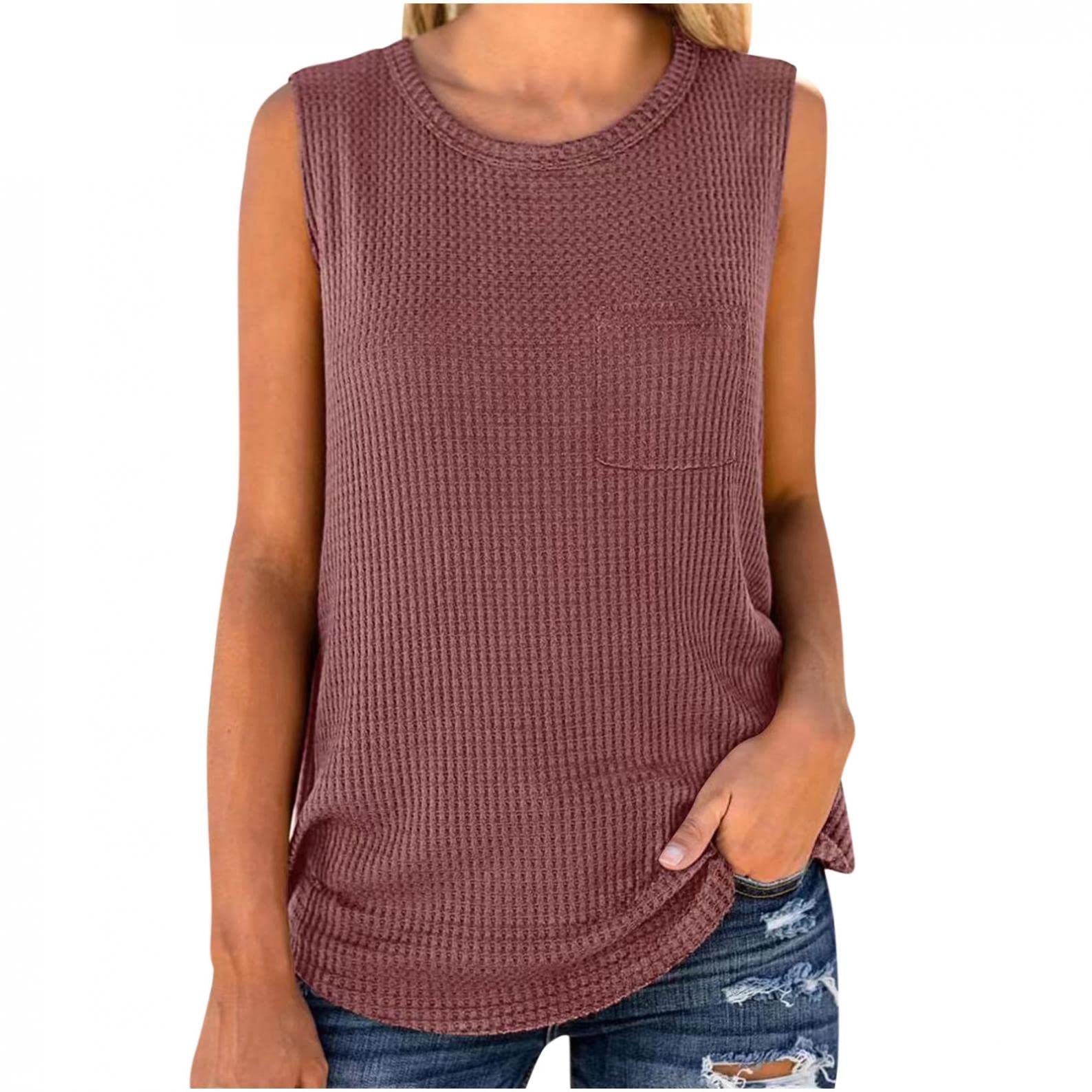 YZHM Women's Summer Waffle Tank Tops - Sleeveless Casual Solid Comfortable Soft T-Shirts Crewneck Tunic Blouses with Pockets | Perfect for Beach Outings, Vacation Wear & Everyday Casual Style