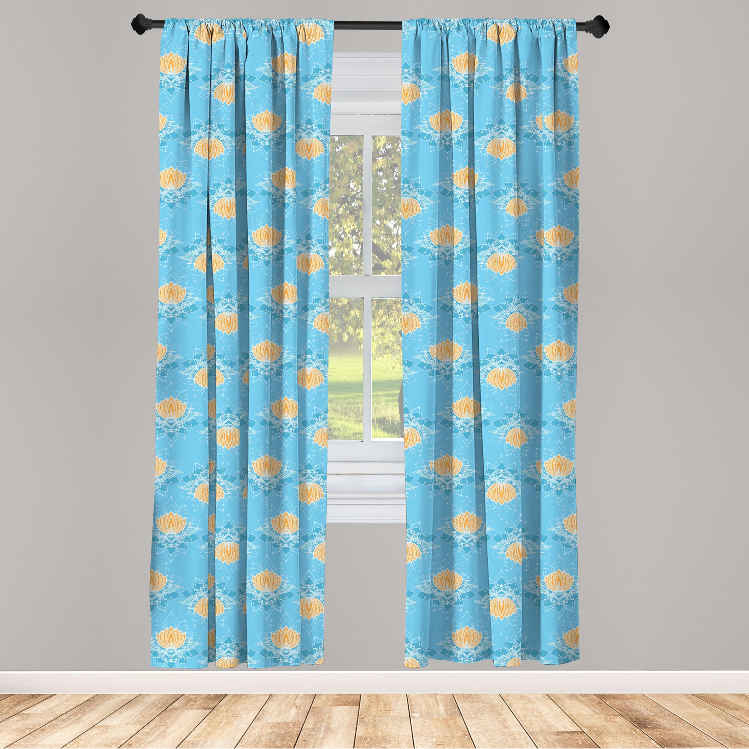 Ambesonne Lotus Curtains - Japanese Themed Floral Design with Geometric Lines & Dots, 2 Panel Window Treatments for Living Room & Bedroom (28