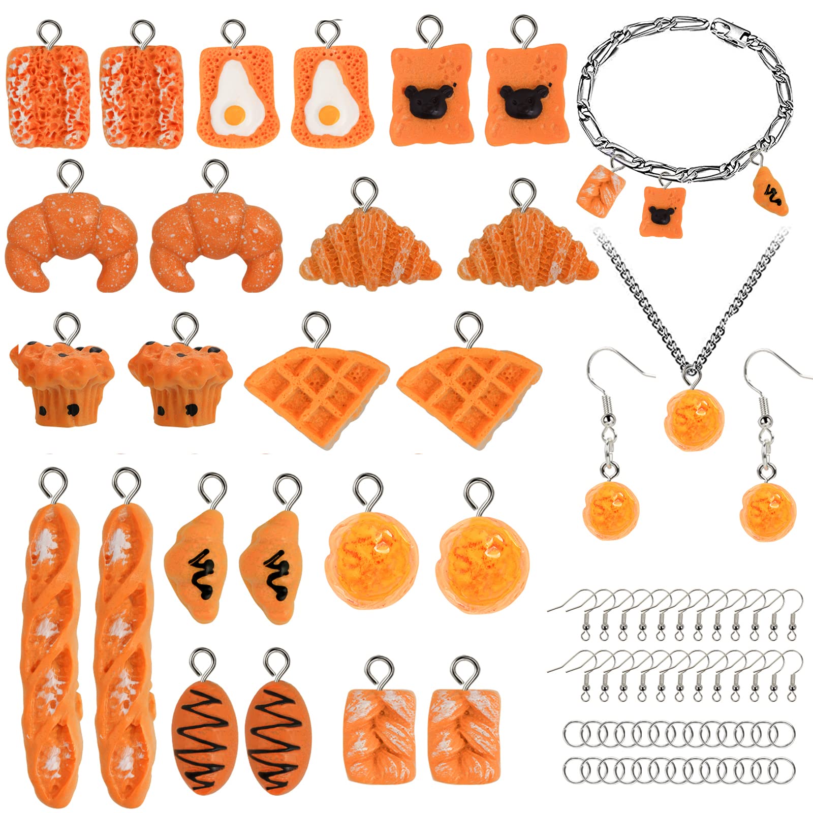 99 Pcs Food Charms Jewelry Making Kit - 24 Handmade Croissant, French Bread & Toast Beads, 50 Open Loops, 25 Ear Hooks - DIY Bracelet & Necklace Craft Supplies for Baking-Themed Jewelry, Gifts & Party Favors