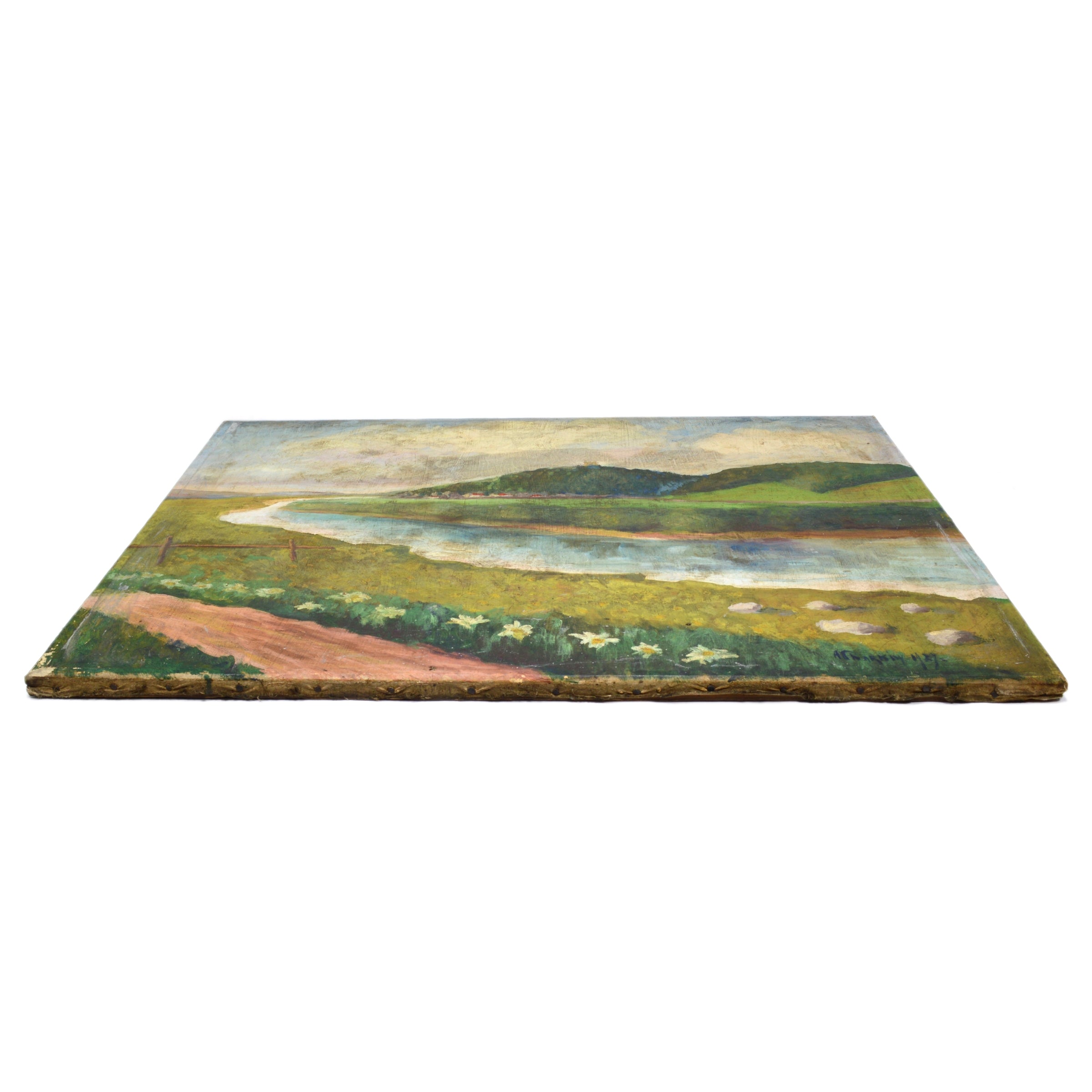 Antique Original Art Oil Painting - River Through Grasslands Landscape - Signed & Dated - Perfect for Home Decor, Office Wall Art & Gift Giving