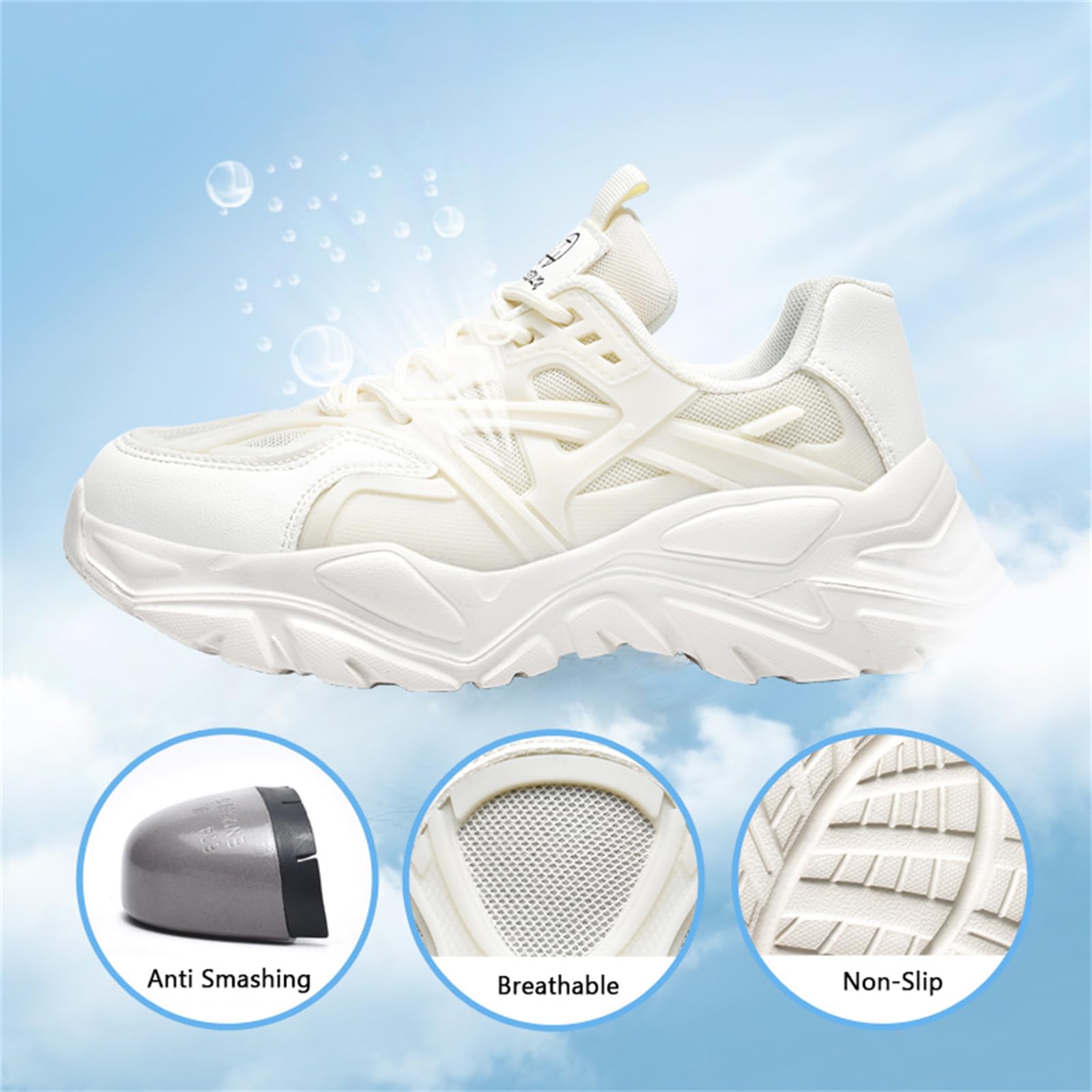 Zhensi Women's Steel Toe Work Shoes - Non-Slip Safety Sneakers with Breathable Design for Construction, Warehouse & Industrial Use | Fashionable Chunky Toe Cap Work Boots for Women