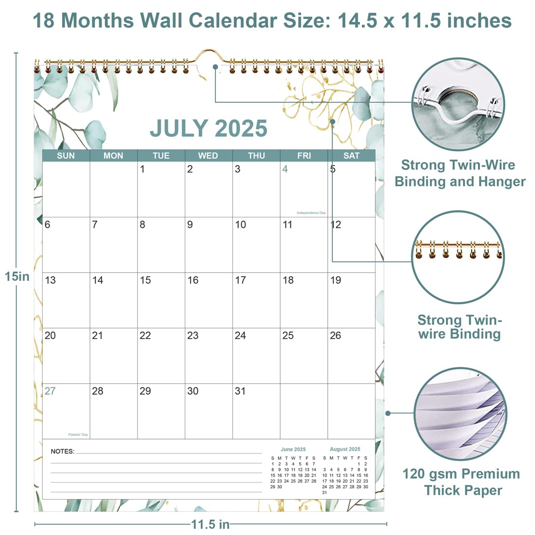 2025-2026 18-Month Wall Calendar Planner | July 2025 - December 2026 | Thick Paper 12