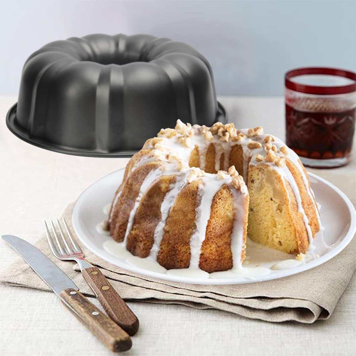 Nonstick 9.5 Inch Bundt Cake Pan Set of 2 - Heavy Duty Carbon Steel 12 Cup Pound Cake Mold for Baking Bundt Cakes, Buntelet, Bavarois & Brownies (Grey) - Perfect for Holiday Desserts, Birthday Parties & Family Gatherings