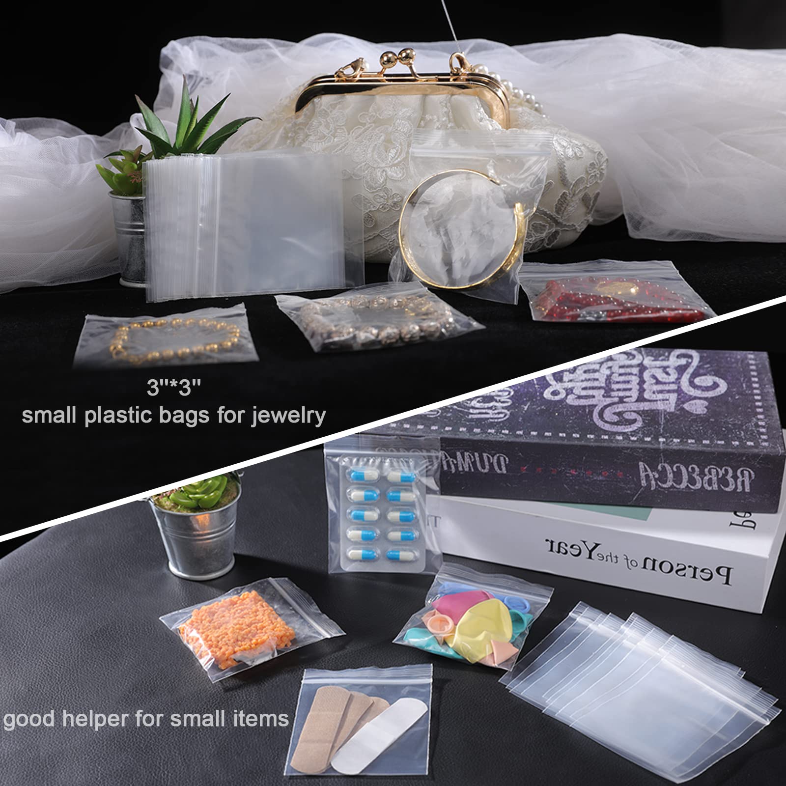 JINYONBAG 3x3 Inch Small Clear Plastic Bags - 1000pcs Reusable Transparent Baggies for Jewelry, Pills, Coins & Candy Storage | Perfect for Organizing Beads, Crafts, Travel Accessories & Small Items