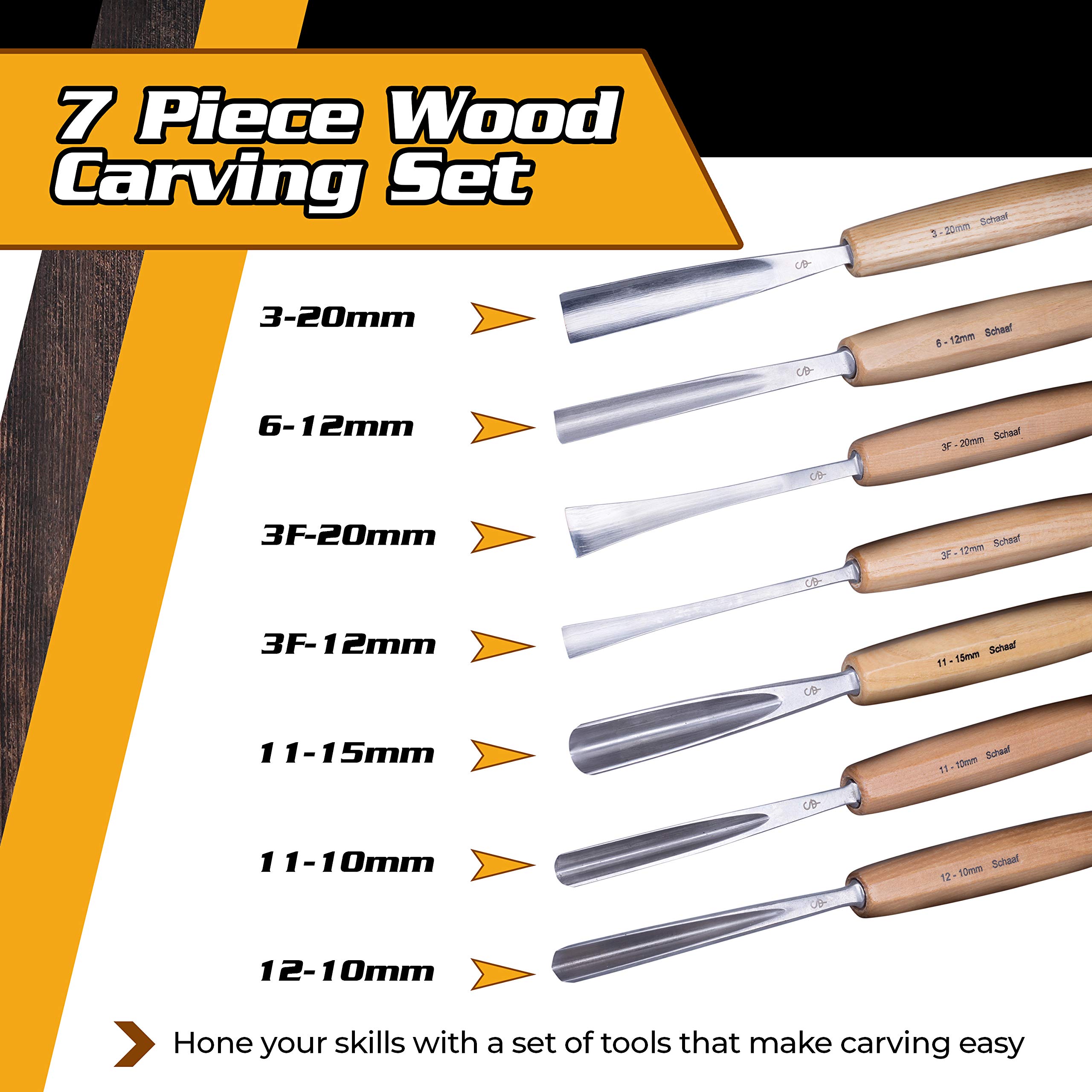 Premium Wood Carving Tools Set - 7 Hand-Sharpened Chisels & Gouges with Canvas Case | CR-V 60 Steel Blades for Professional Woodworking | Perfect for Beginners & DIY Projects | Schaaf Tools | Ideal for Furniture Making, Sculpting & Home Decor Crafts