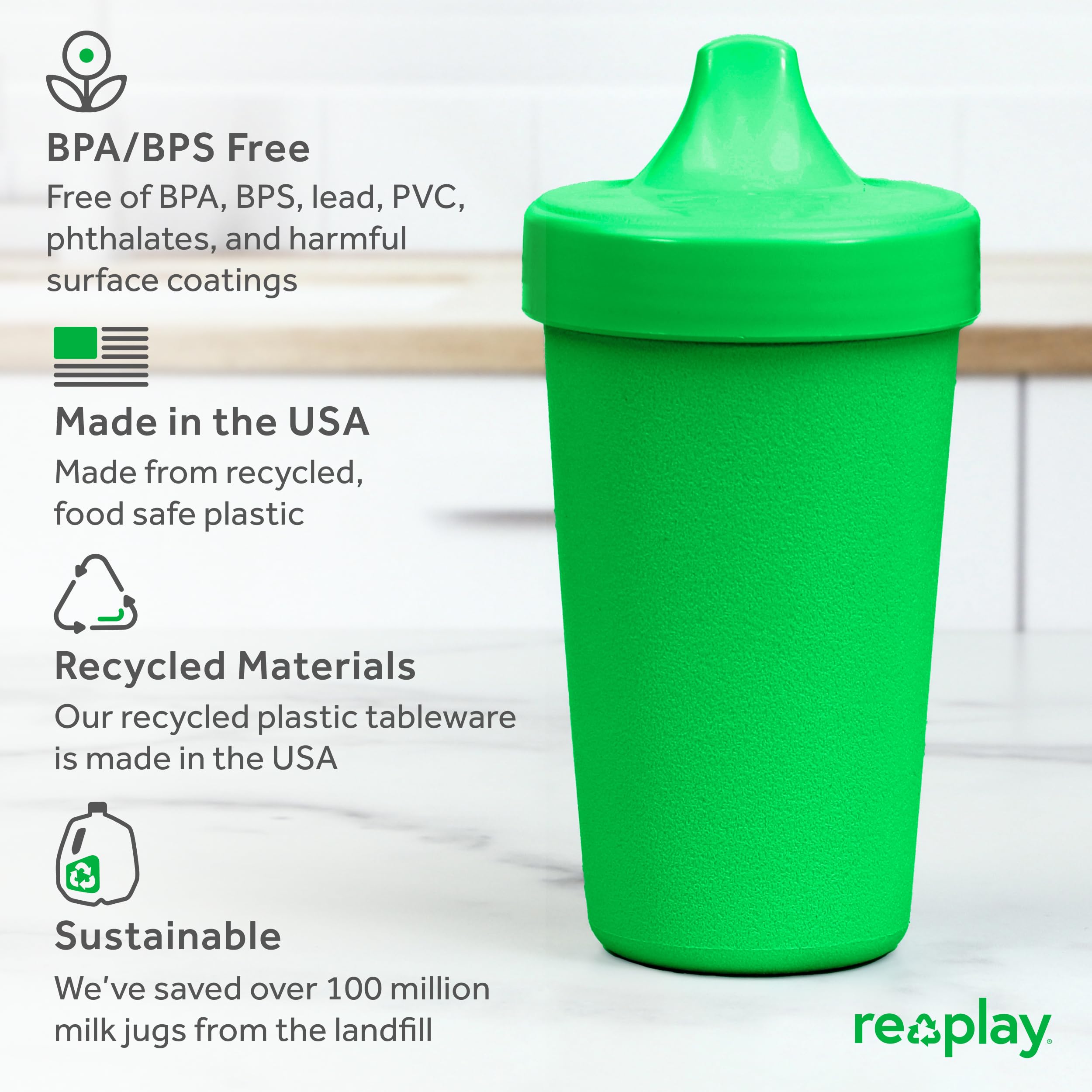 Re-Play USA Made Toddler Sippy Cups 2-Pack, 10oz Spill-Proof Kids Cups - BPA-Free, Dishwasher & Microwave Safe - Hard Spout Design for 1-3 Year Olds (3.13