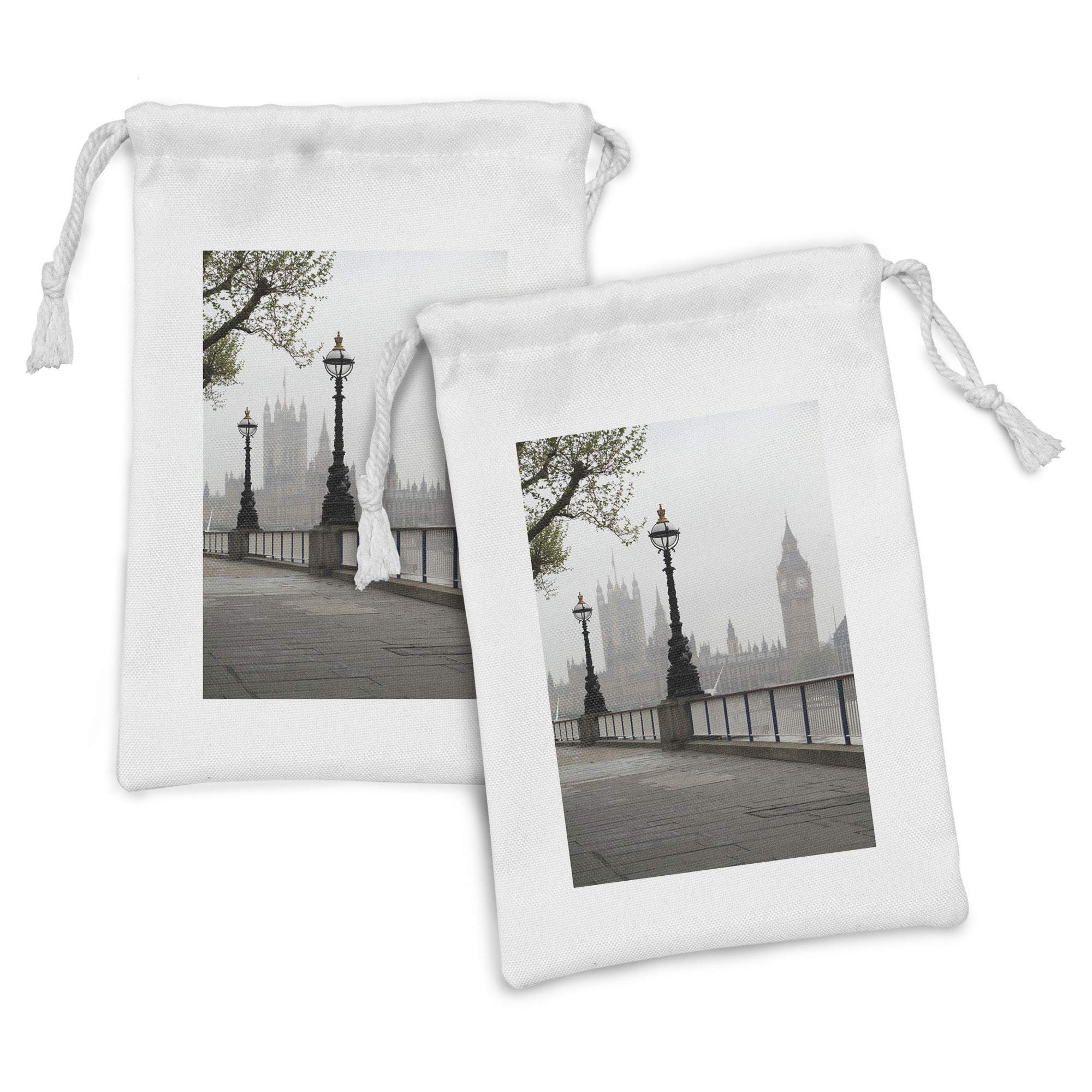 Ambesonne London Fabric Pouch Set of 2 - Big Ben & Westminster Palace British Souvenir Drawstring Bags (9