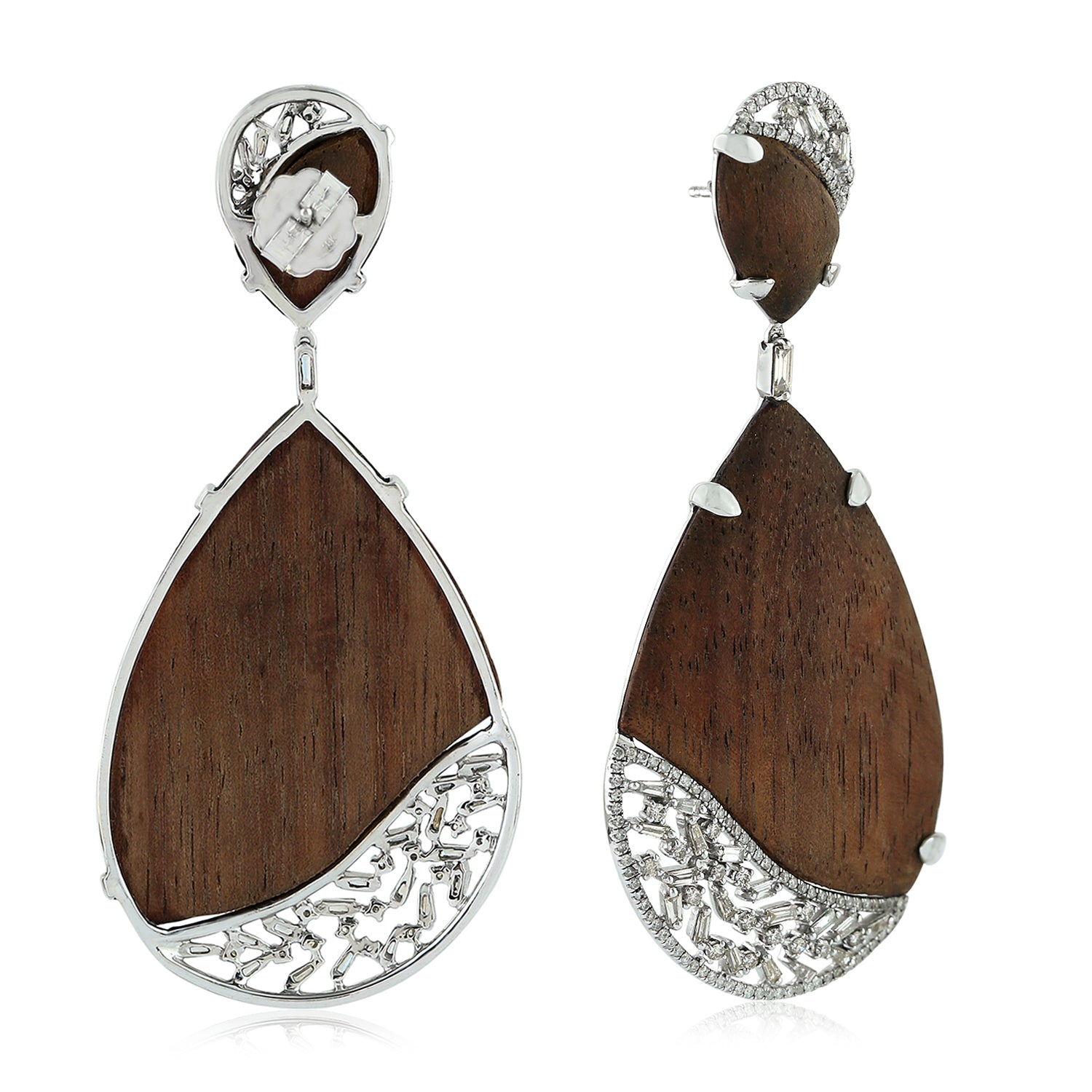 18K White Gold Prong Baguette Diamond Wood Drop Dangle Earrings for Women - Elegant Handmade Designer Jewelry for Weddings, Parties & Special Occasions