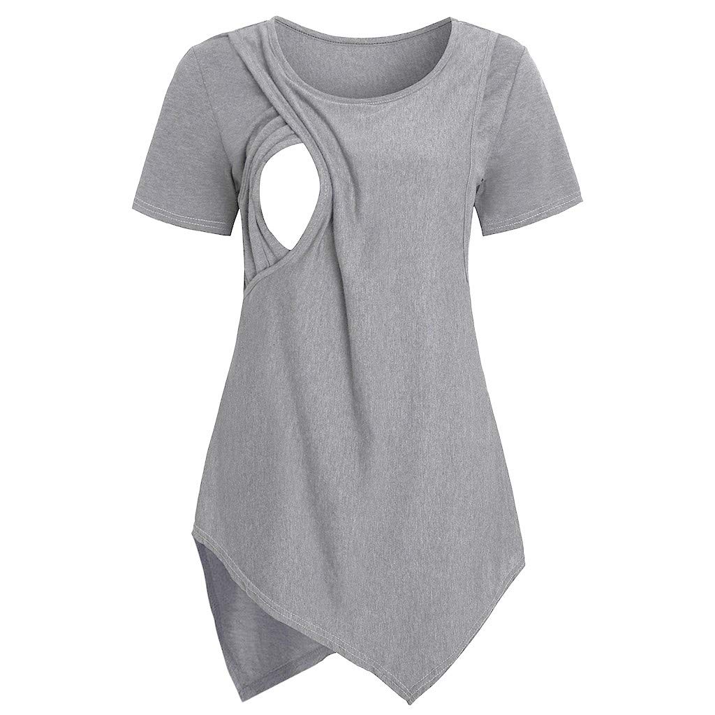 Comfortable Women's Maternity Short Sleeve Nursing T-Shirt with Asymmetrical Hem for Breastfeeding | Soft Cotton Pregnancy Top for Nursing Moms | Perfect for Everyday Wear, Hospital Visits & Mother-Baby Bonding Time