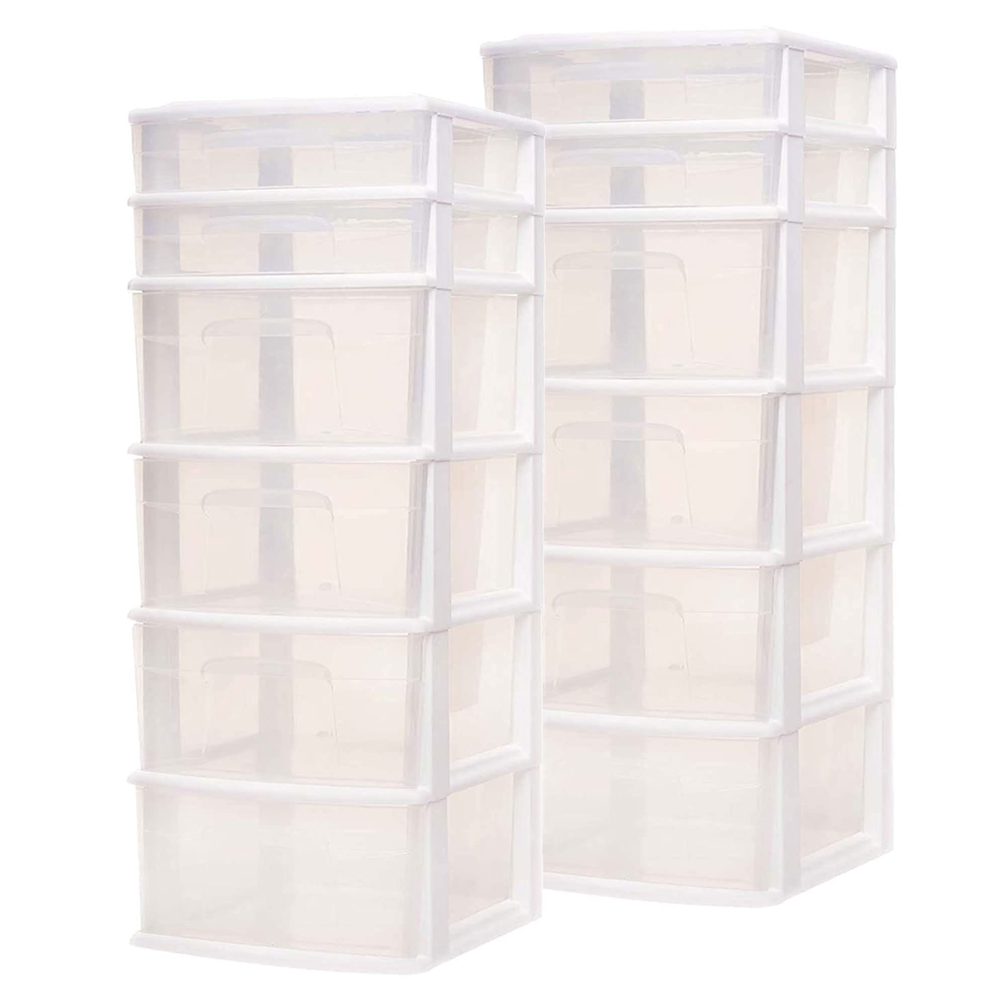 HOMZ 2-Pack 6-Tier Clear Plastic Storage Drawer Tower Organizer with White Frame - Perfect for Bedroom Closet, Bathroom, Office & Craft Room Organization