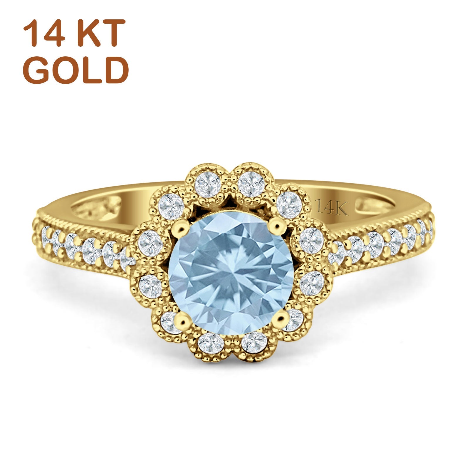 14K Yellow Gold Round Natural Aquamarine Vintage Style Flower Ring - Elegant Jewelry for Women, Perfect for Weddings, Anniversaries & Special Occasions