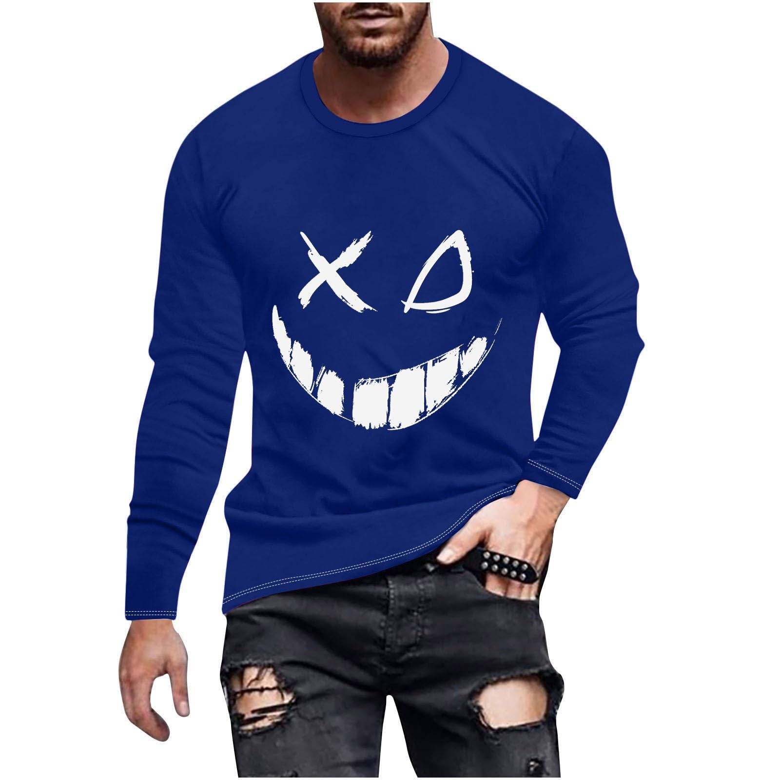 Men's Smiley Face Graphic Long Sleeve T-Shirt - Funny Novelty Streetwear Top for Casual Wear & Everyday Outfits