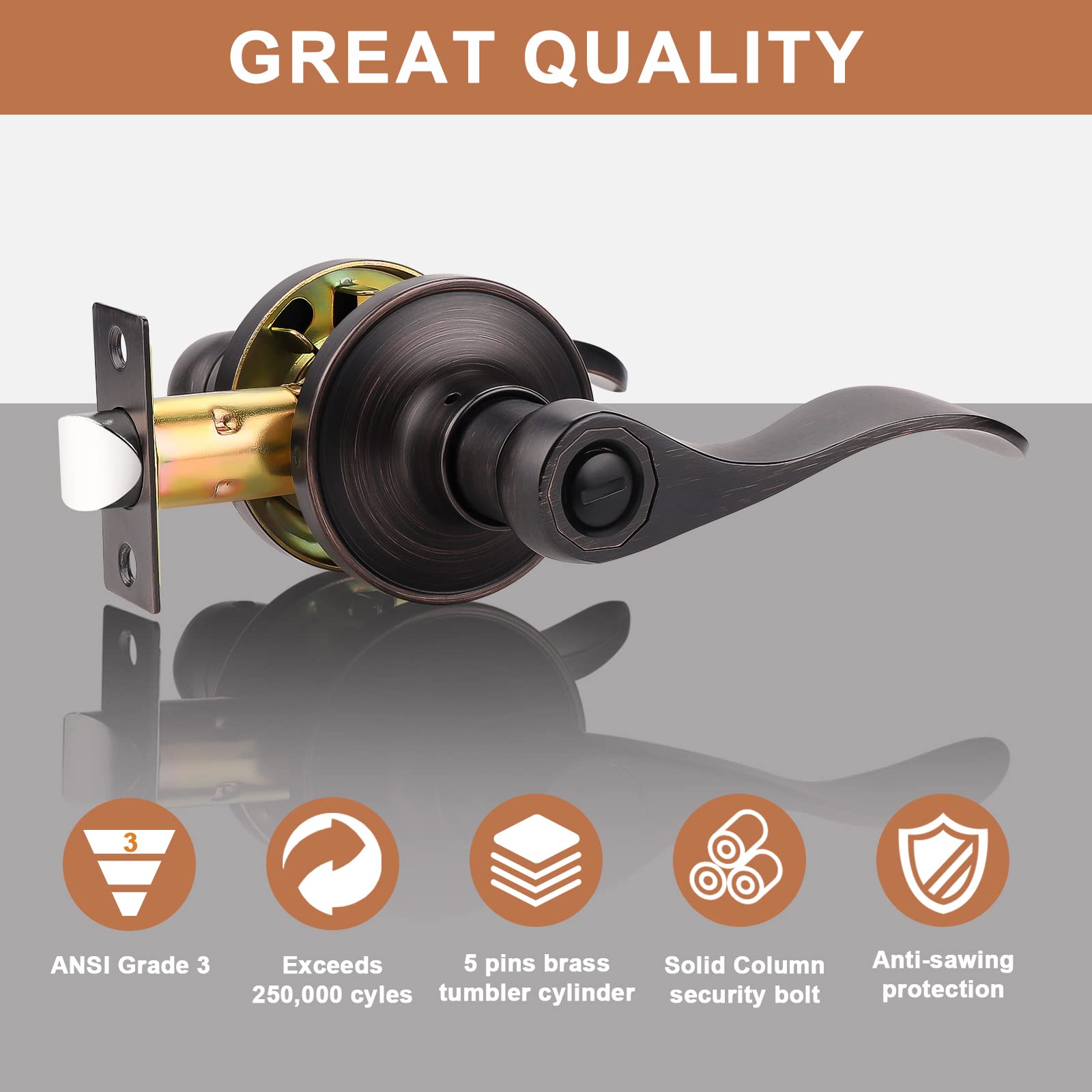 6 Pack Privacy Door Lever with Thumb Turn Lock - Keyless Oil Rubbed Bronze Wave Door Handle Set for Bedroom & Bathroom Doors (Reversible Right/Left Handed) - Perfect for Home Privacy, Interior Doors & Rental Properties