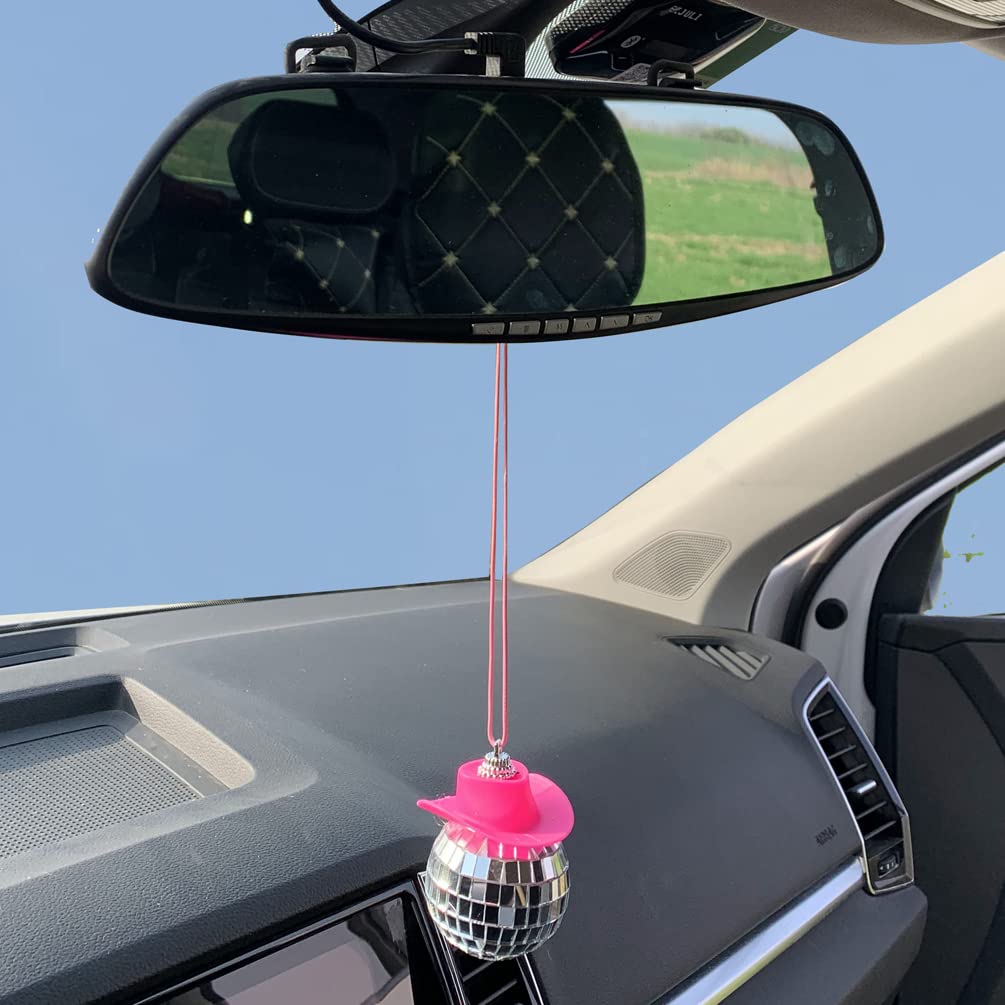 Pink Cowboy Hat Disco Ball Car Mirror Pendant - Wild West Bling Accessory for Party & Road Trips