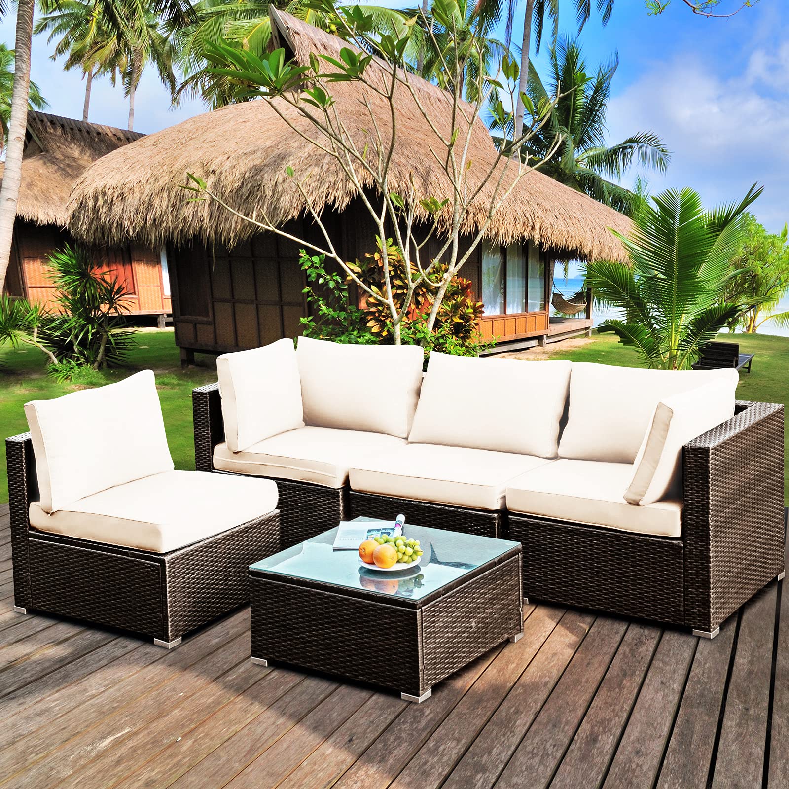 HAPPYGRILL 5-Piece Outdoor Patio Furniture Set - Rattan Wicker Sectional Sofa with Coffee Table & Cushions - Perfect for Backyard, Porch, Garden, and Poolside Relaxation