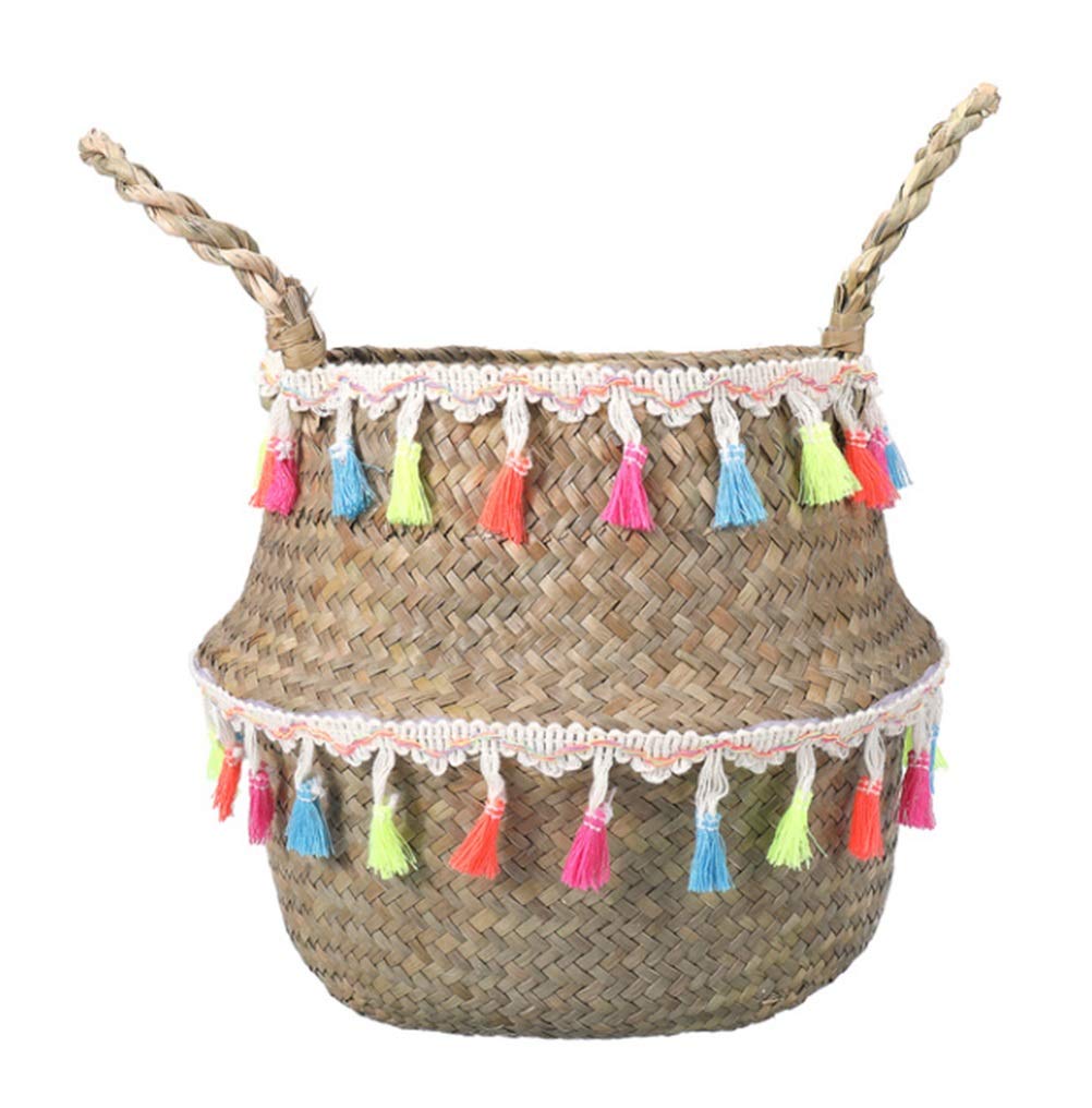 Handmade Bamboo Storage Basket - Natural Seagrass Wicker Organizer for Home, Garden & Laundry | Decorative Toy Holder with White Tassel (22x20in) - Perfect for Nursery, Bathroom & Farmhouse Decor