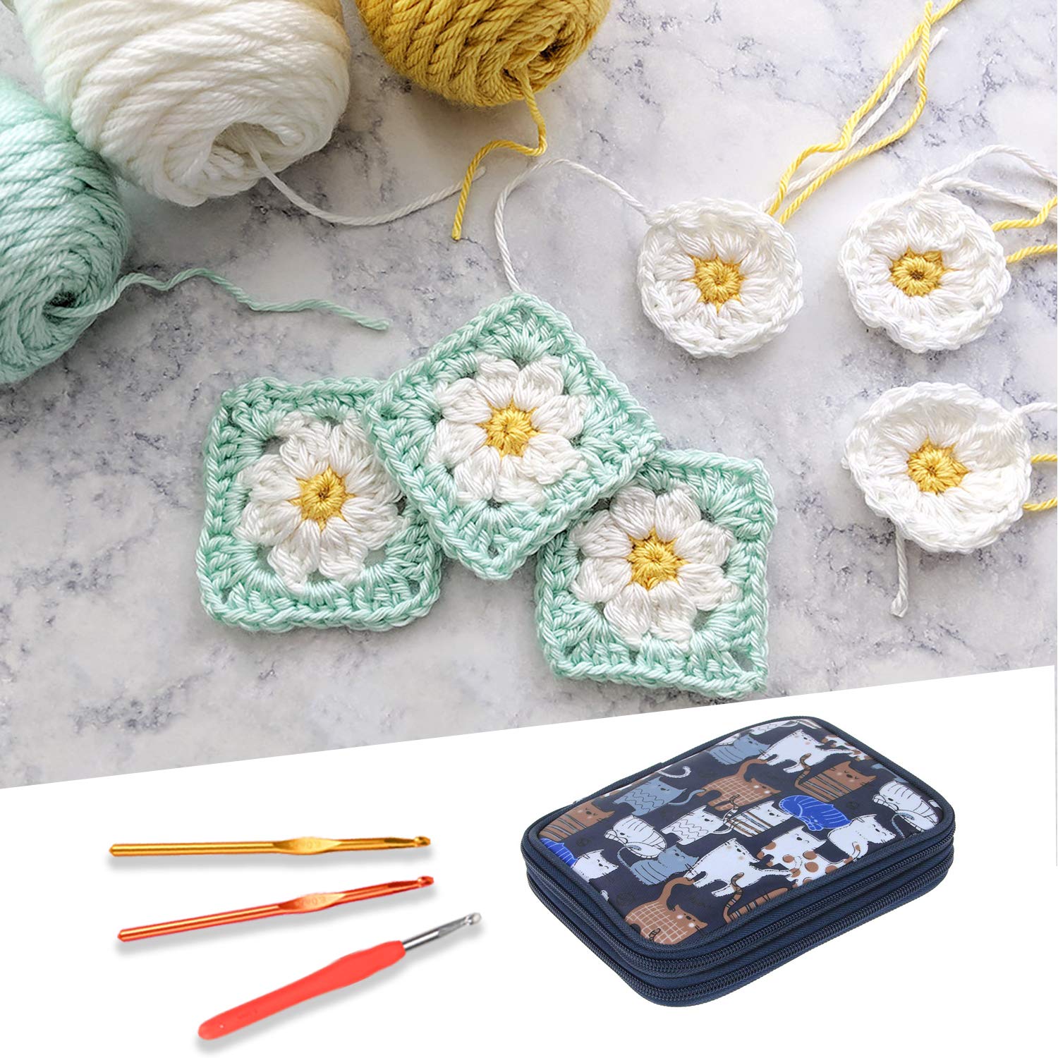 Teamoy Crochet Hook Case - Empty Organizer with Multiple Pockets for Needles & Knitting Accessories, Cats Blue | Portable Storage for Crochet Hooks, Knitting Needles & Yarn Tools | Perfect for Crafters, Travel & Home Organization