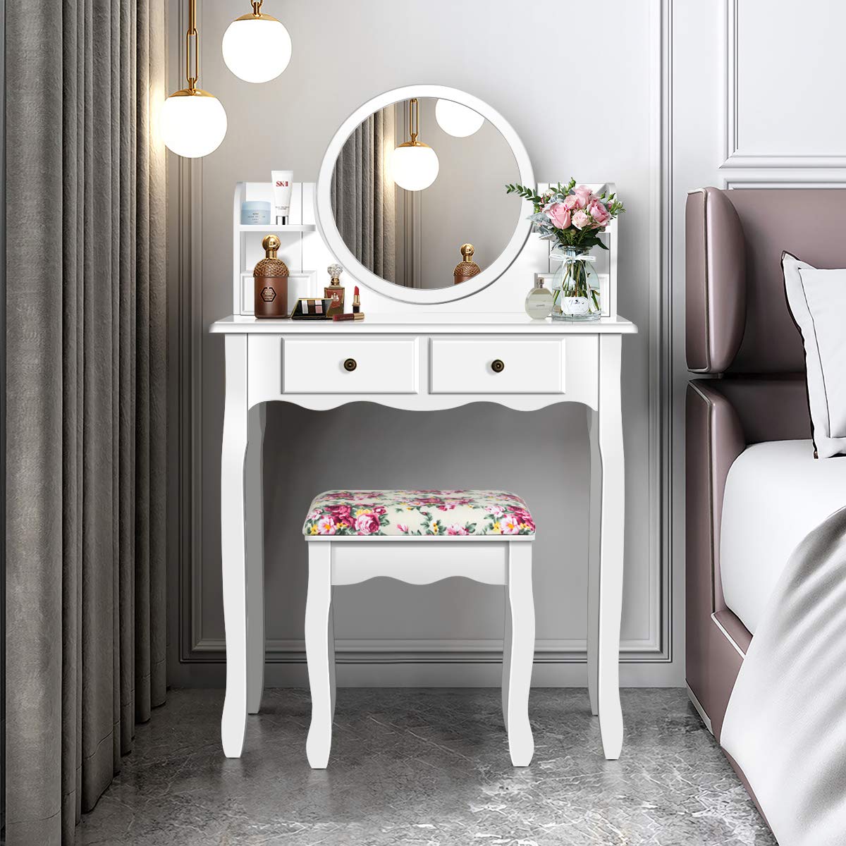 Charmaid Vanity Set with 4 Storage Shelves & 4 Drawers, Makeup Dressing Table with 360° Swivel Mirror, Cosmetic Organizers & Cushioned Stool - White Vanity Desk for Women & Girls | Perfect for Bedroom, Bathroom & Dressing Room Organization