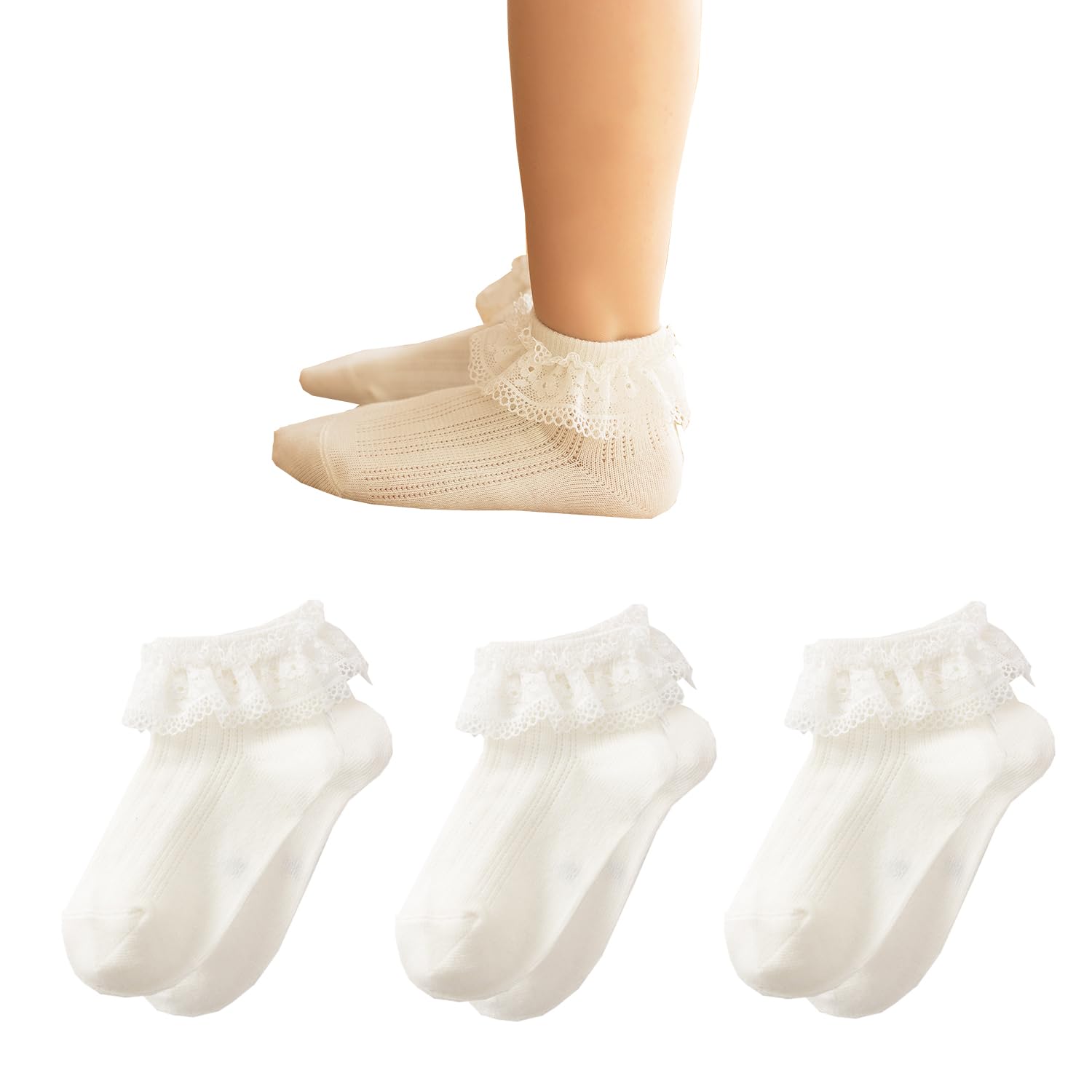 Toddler & Girls Eyelet Frilly Dress Socks - Ruffle Lace Cotton Ankle Socks for Special Occasions & Party Outfits
