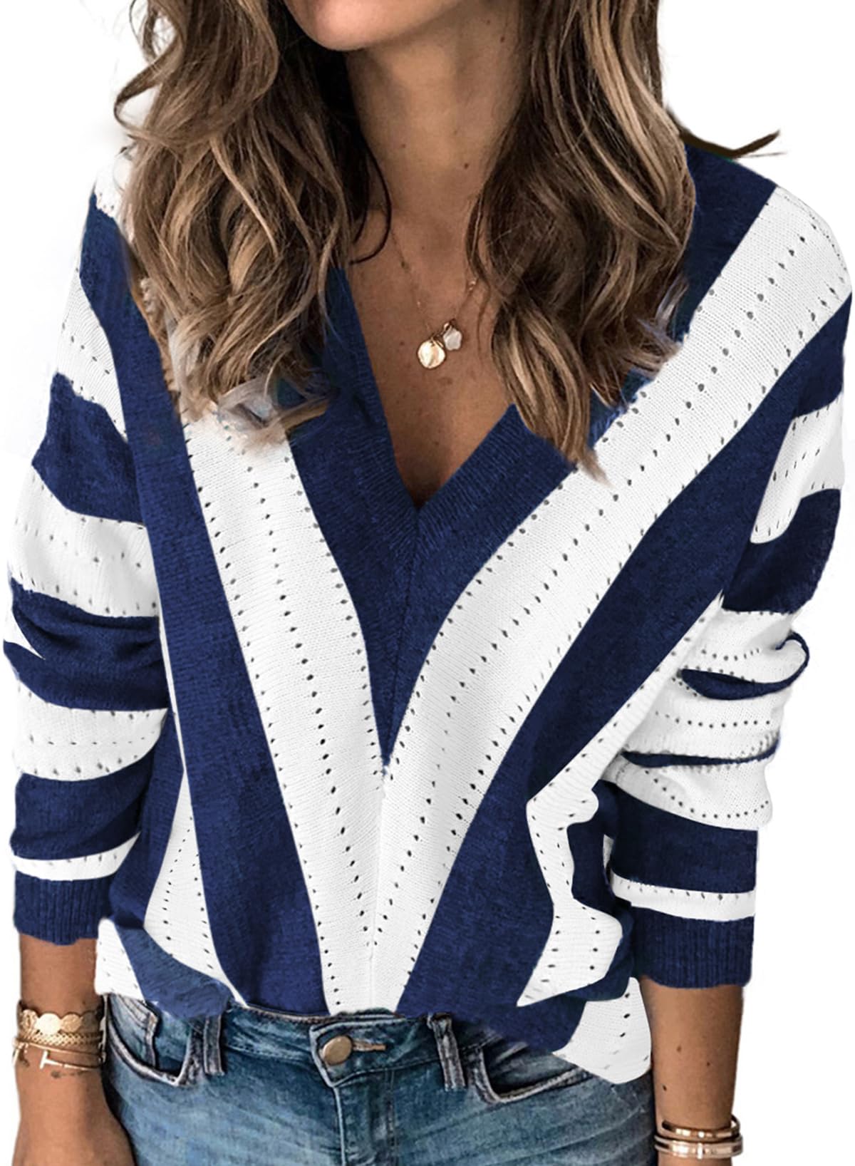 EVALESS Women's Sexy Deep V Neck Striped Knit Pullover Sweater - Casual Long Sleeve Tops for Date Night, Office Wear & Fall Fashion